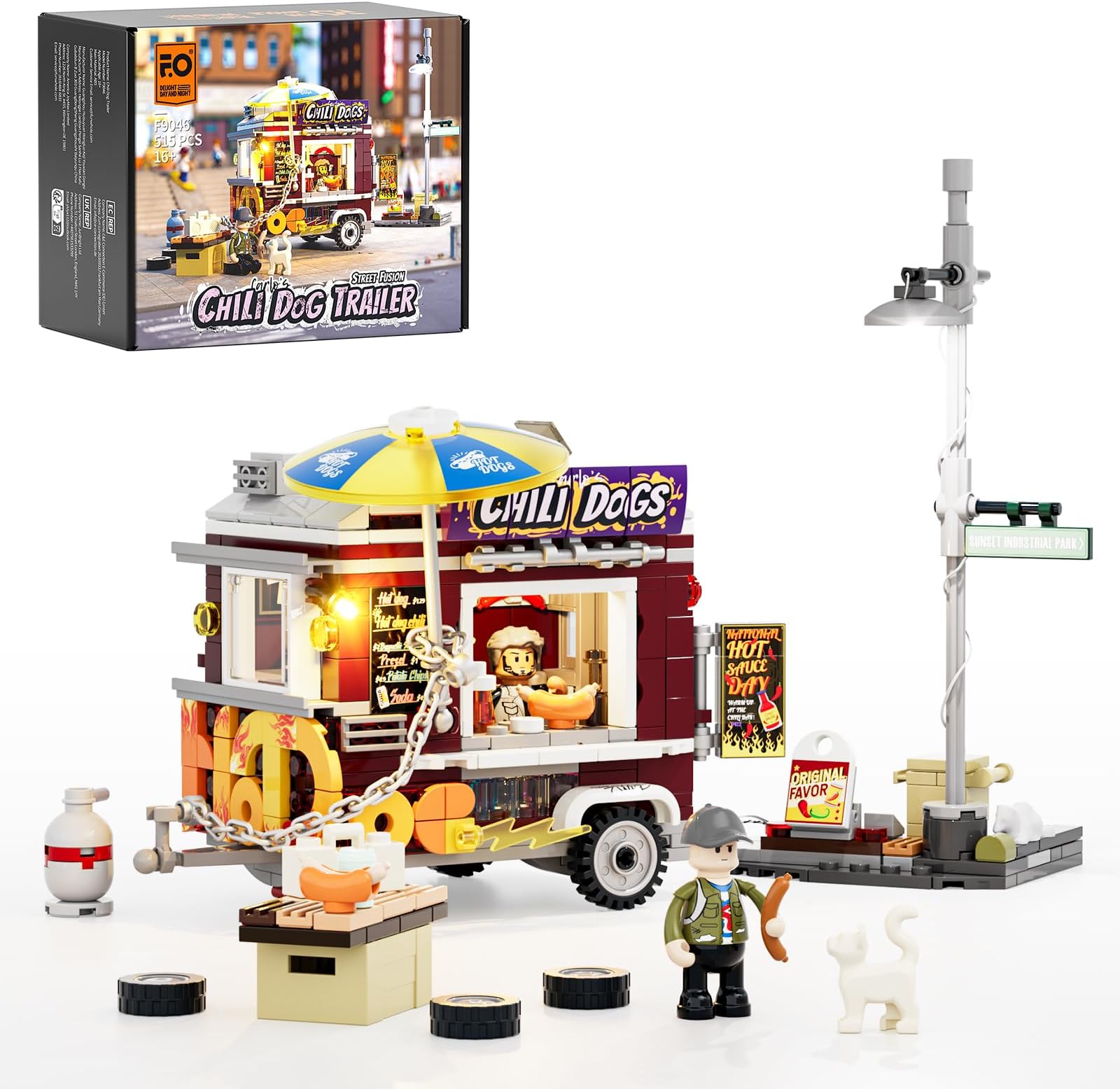 Chili Dog Trailer Lighting Building Bricks Set - Street Fusion City Town Hot Food Truck with LED Light Display Kit 515 Pcs for Adults & Teens & Street Cultrue Lovers