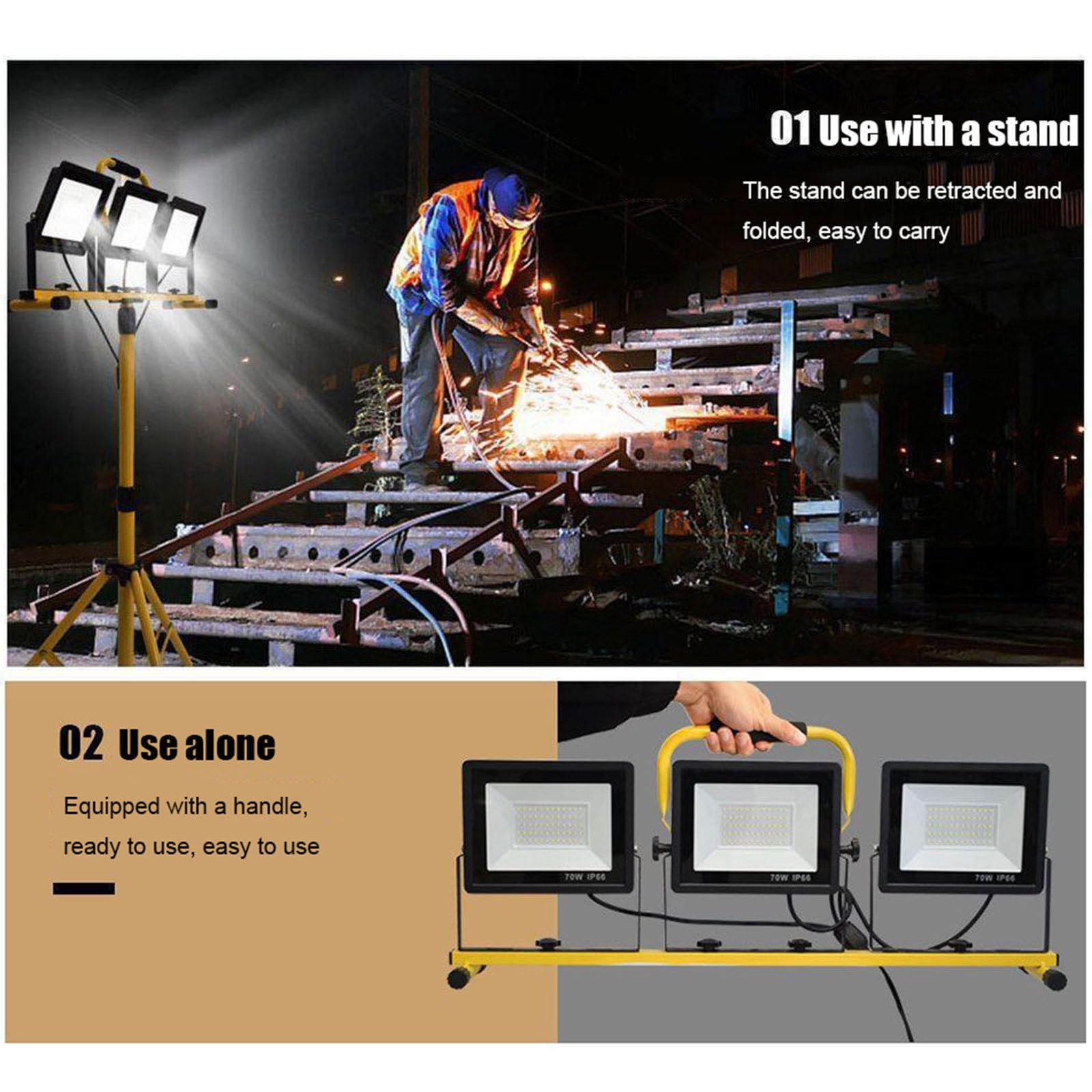 Lampa robocza LED z regulowanym składanym statywem, wodoodporna przenośna lampa robocza IP66, do warsztatu na zewnątrz, garażu, placu budowy,50W*3