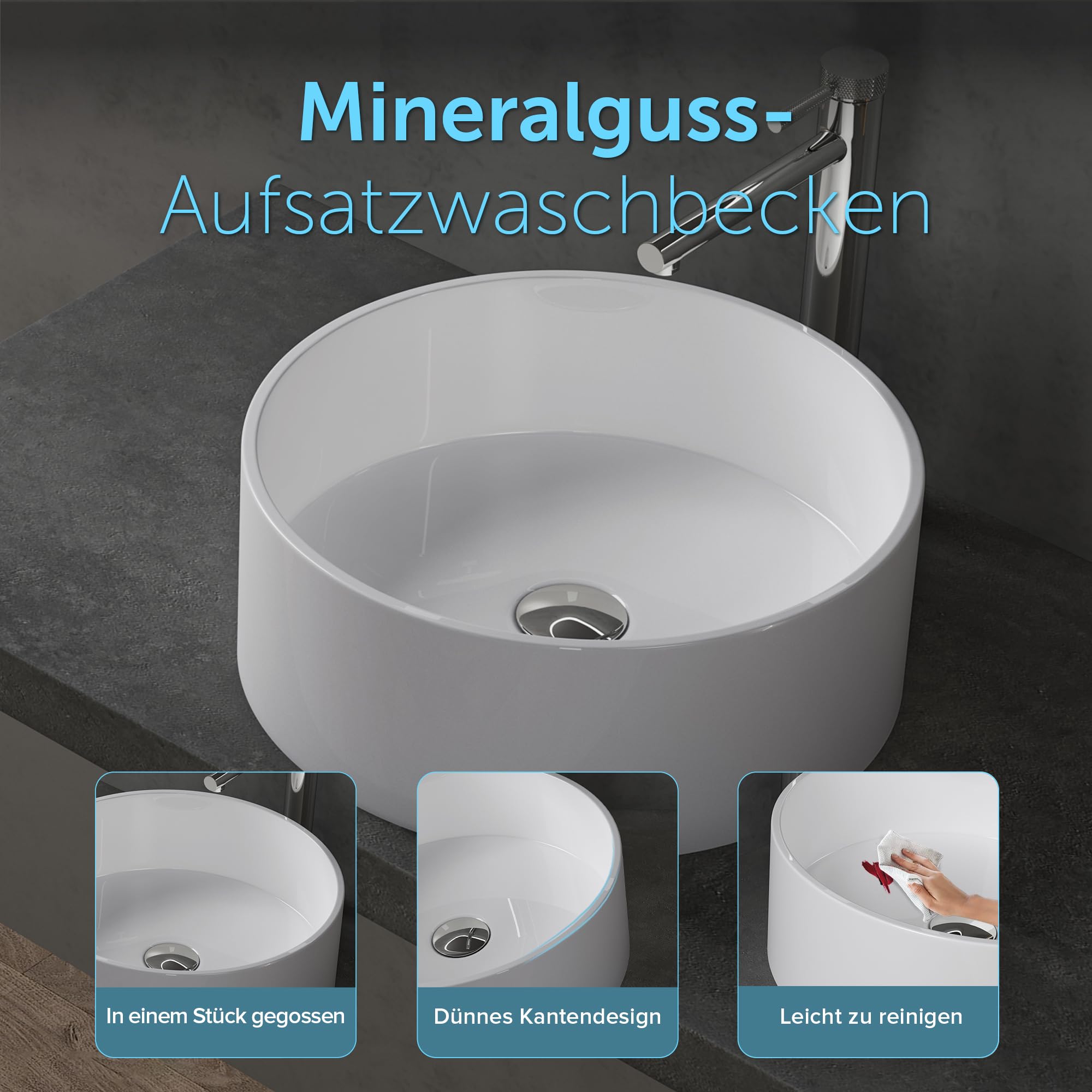 doporro Lavabo sobre encimera redondo Colossum804 blanco brillante 40x40x15cm lavabo de fundición mineral sin orificio para grifería