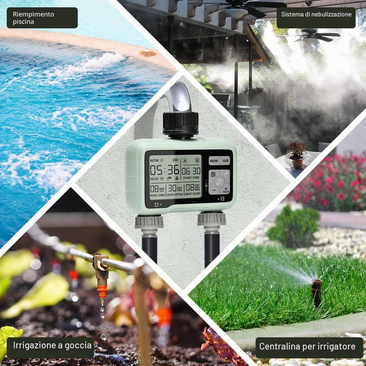 Timer Irrigazione 2 vie, Computer Giardino Irrigazione Timer,Timer Acqua Giardino Programmabile con Ritardo Pioggia, Modalità di Irrigazione Automatica e Manuale, per Giardino, Prato, Patio, Fattoria