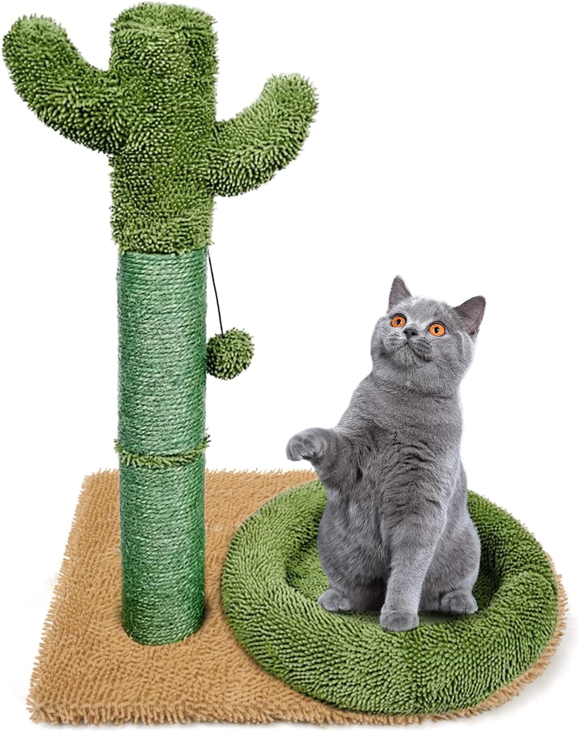 24.4" Cat Scratching Post Cactus Cat Scratcher for Indoor Cats, Kitten Scratching Post with Dangling Balls and Bed