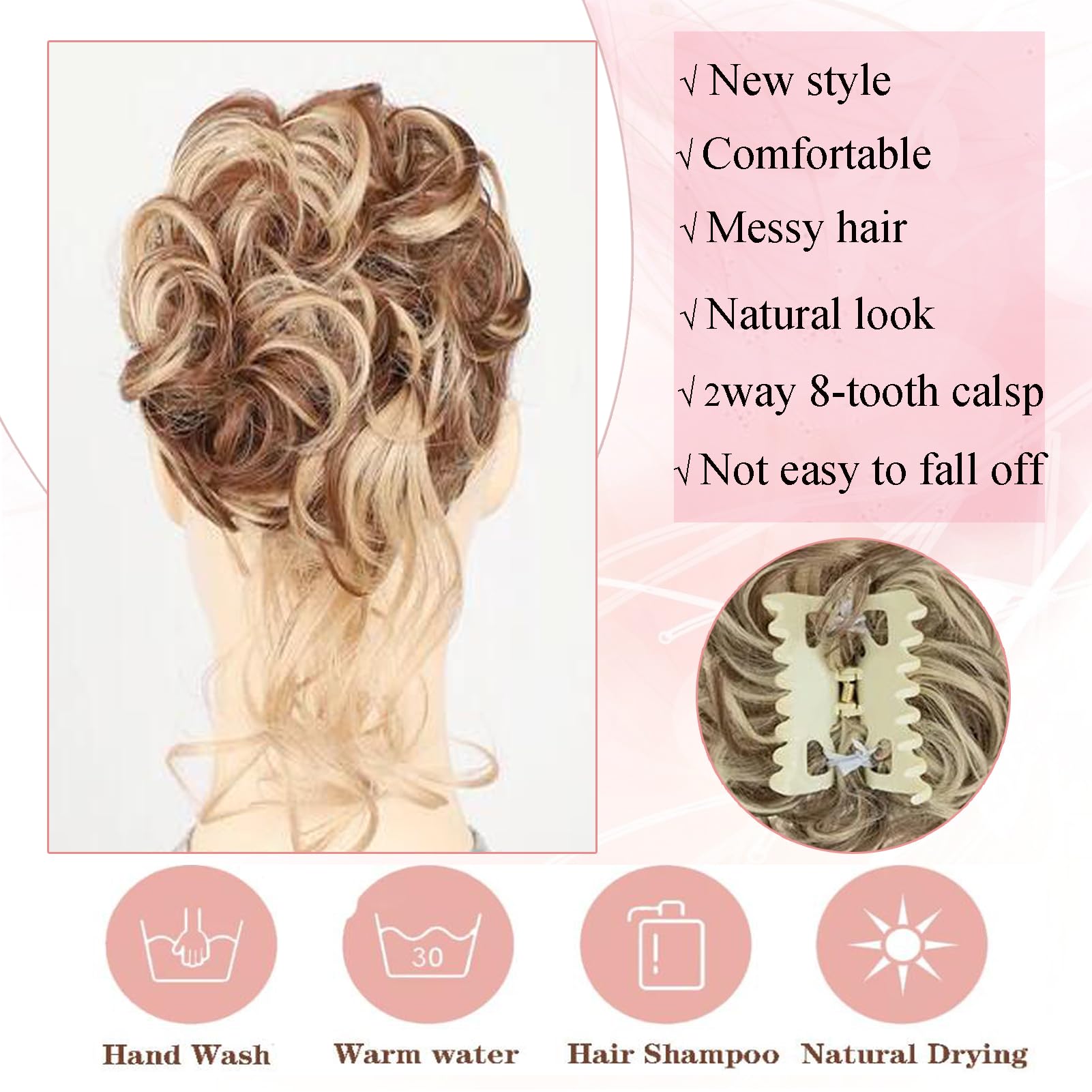 Claw Clip Messy Bun Hairpiece - Curly Wavy Hair Ponytail, Tousled Updo, Chignon Synthetic Extensions for Women Girls (#12H24) - Image 2