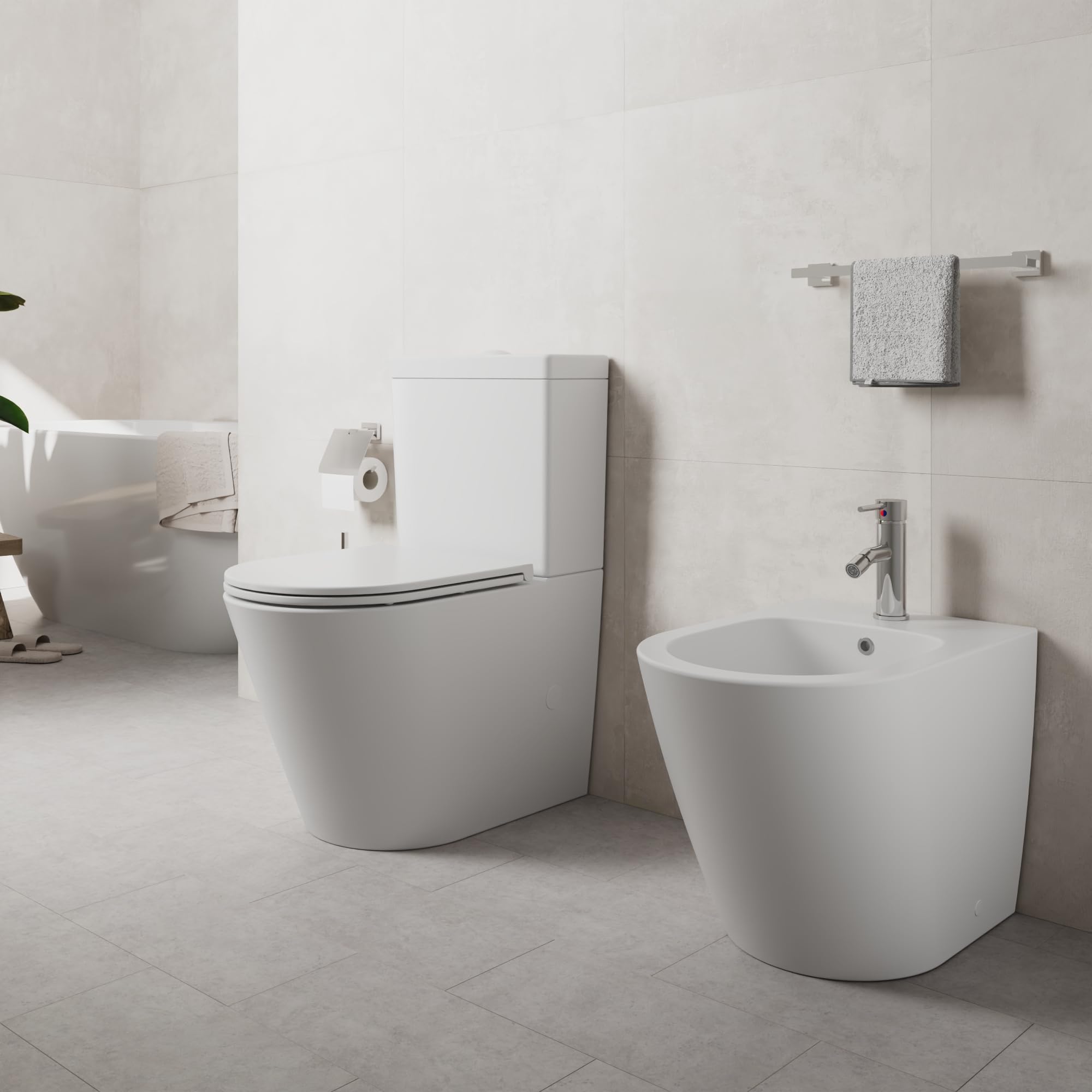 Coppia di sanitari filomuro vaso monoblocco rimless e bidet bianco opaco | Vienna