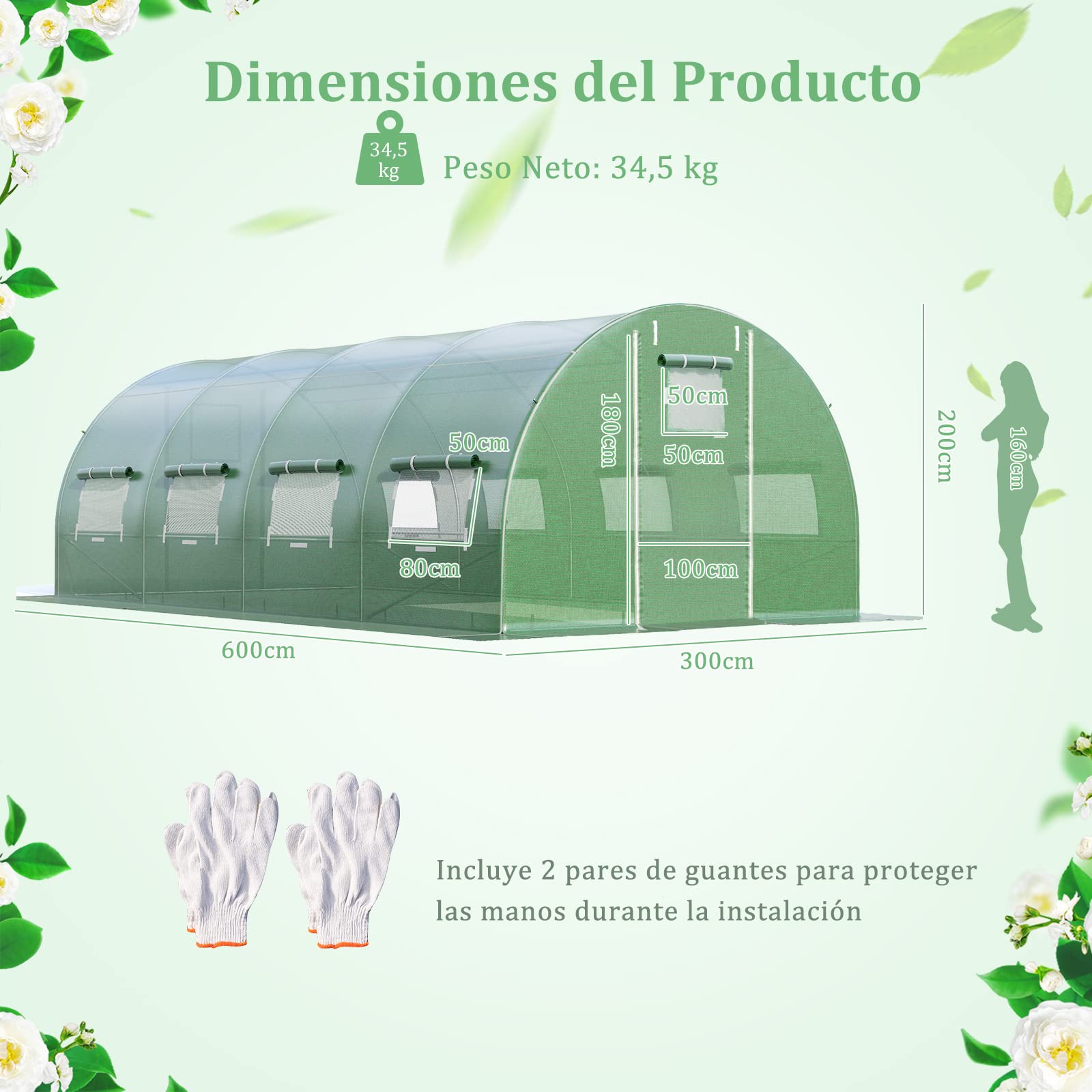 COSTWAY Invernadero Túnel Exterior, 600 x 300 x 200 cm con 10 Ventanas Enrollables, 2 Puertas con Cremallera, Estructura de Acero Galvanizado, Carpa de Jardín Resistente al Viento