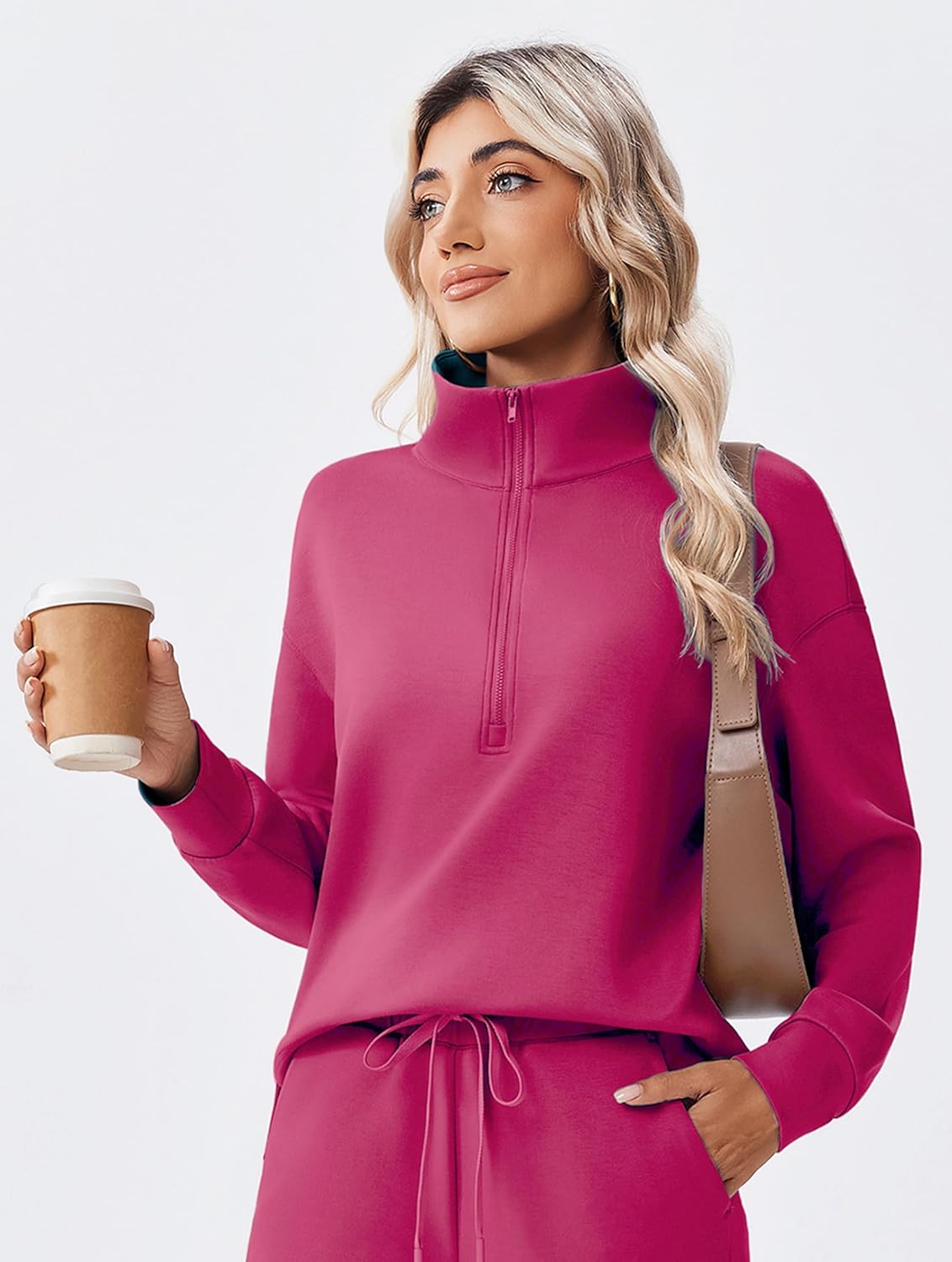 PINSPARK 2 Piece Sets for Women 1/2 Zip Sweatsuit Loose Fit Sweatshirt Straight Leg Pants 2025 Matching Outfit Fall Tracksuit - Image 4