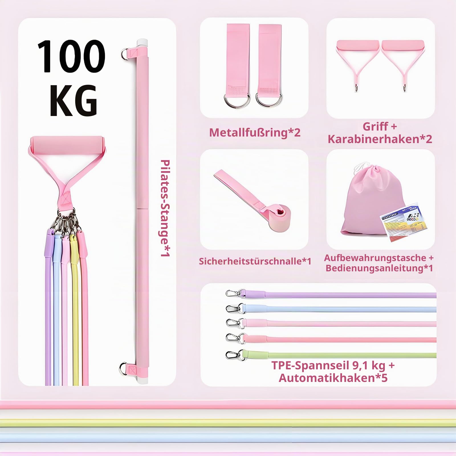 Pilates-Stange & Fitnessband Set 12-in-1 20-125 LBS Widerstand 5-Stufen - Pink