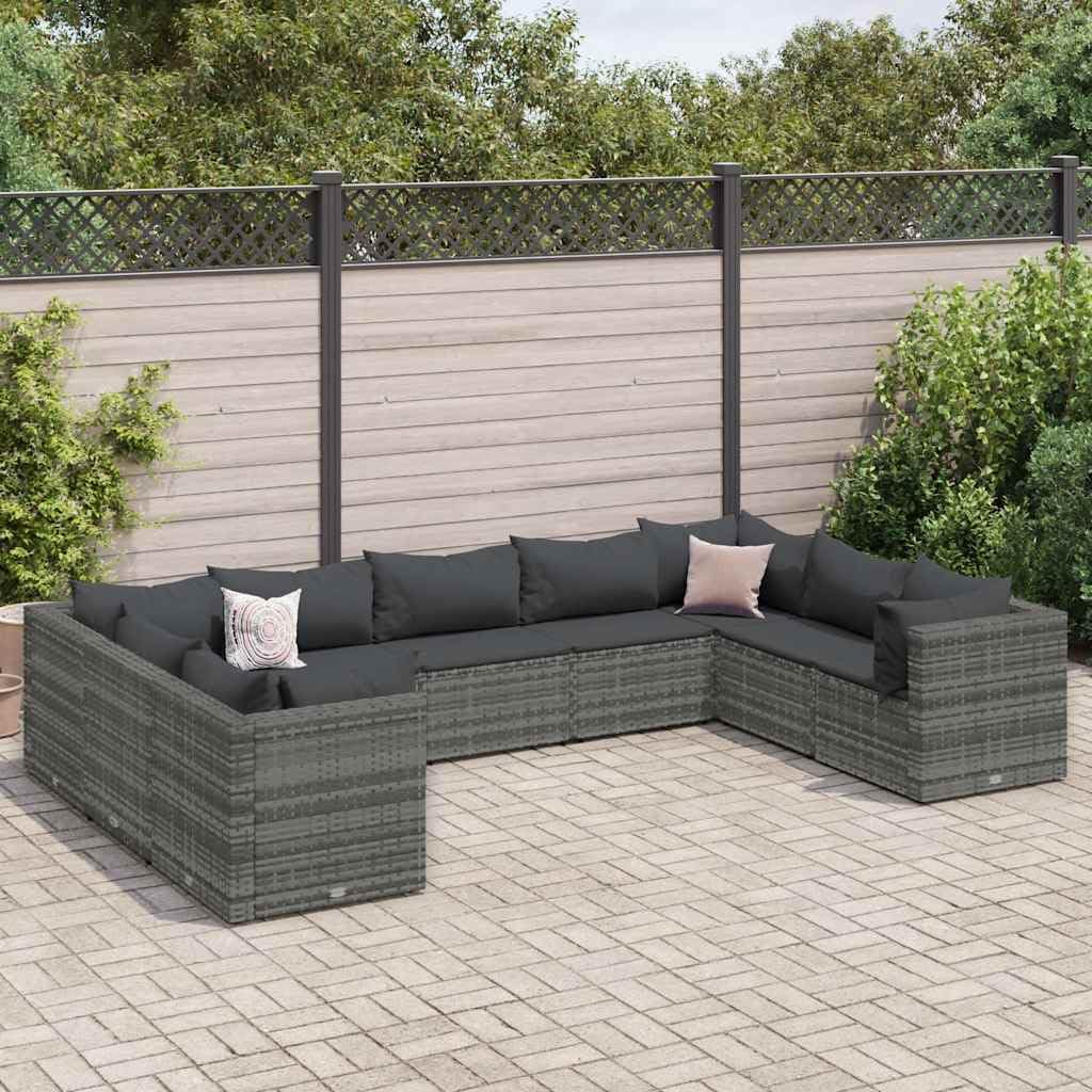Set di mobili da giardino in polyrattan grigio, 9 pezzi, con cuscini, resistenti ai raggi UV, design modulare per terrazza, balcone, mobili da esterno