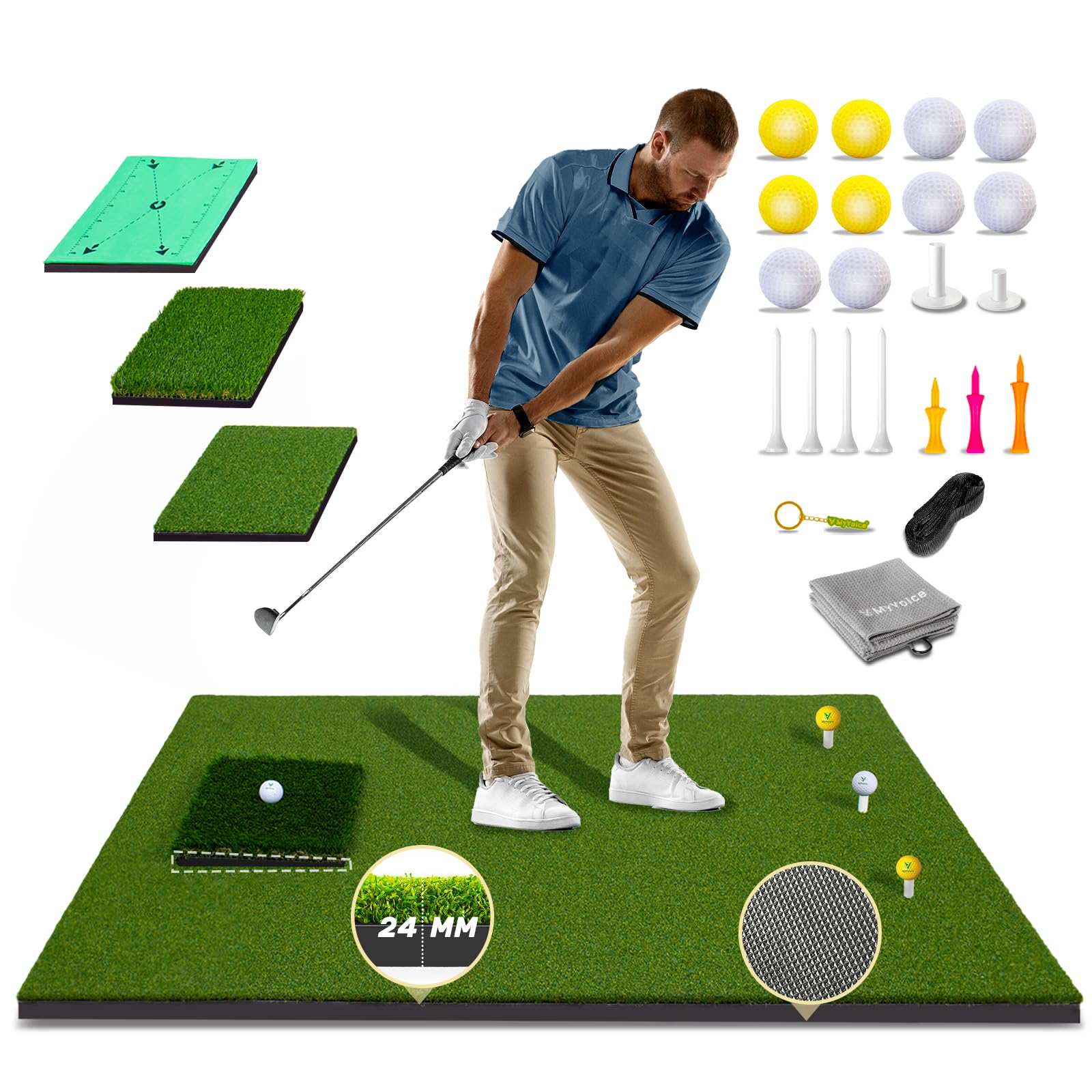 Upgrade Multi-Function Golf Hitting Mat – MyVoice 5x4ft Thickened Mat with Interchangeable Turf, Durable Non-Slip Base for Indoor & Outdoor Practice, Ideal for Golfers of All Levels