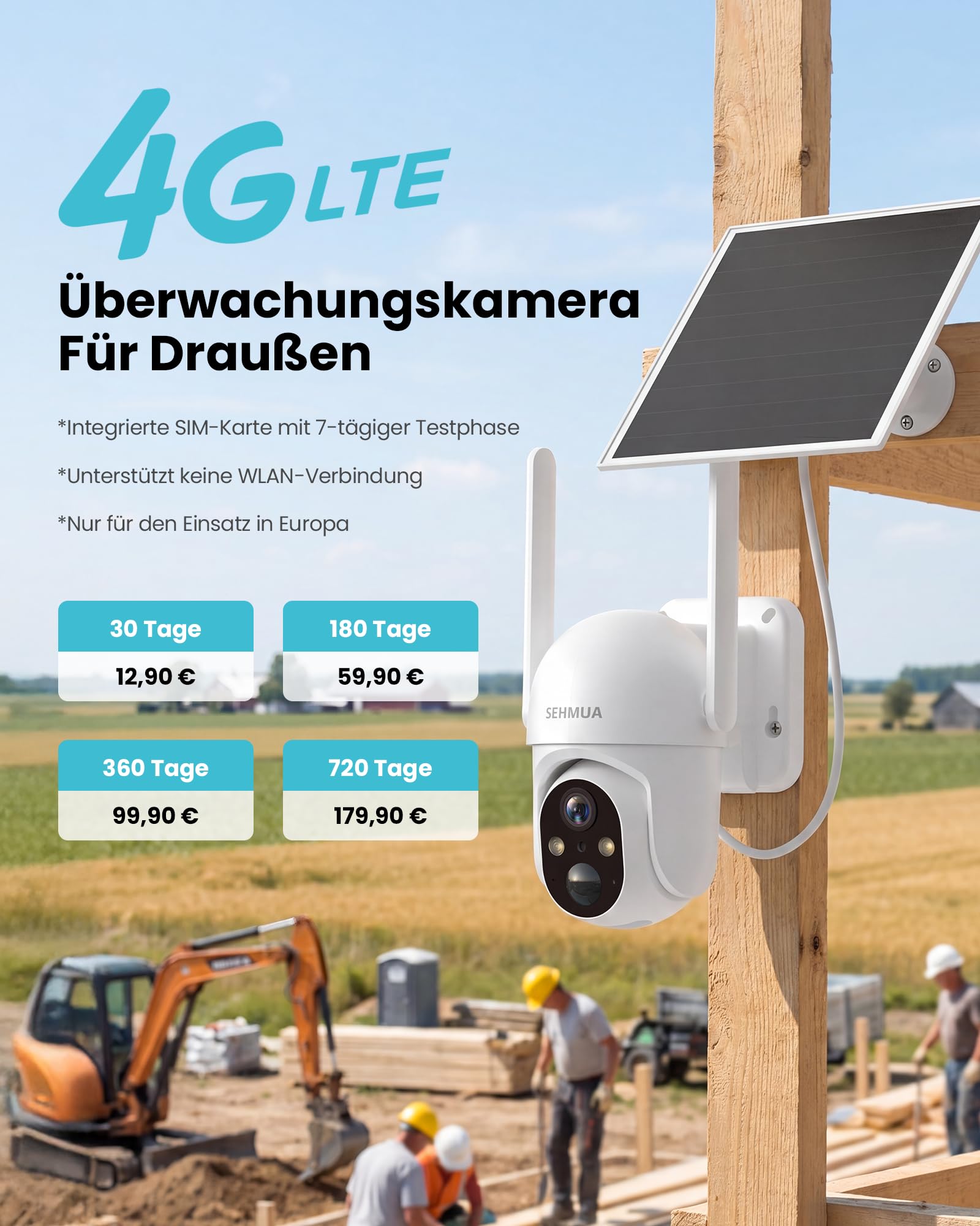 SEHMUA 24/7 AOV 4G LTE Überwachungskamera Aussen Solar SIM, 2K PTZ Überwachungskamera Aussen Ohne WLAN mit 7W Solarpanel, 20M Farbnachtsicht, KI-Erkennung, 2-Wege-Audio, PIR Erkennung, eSIM