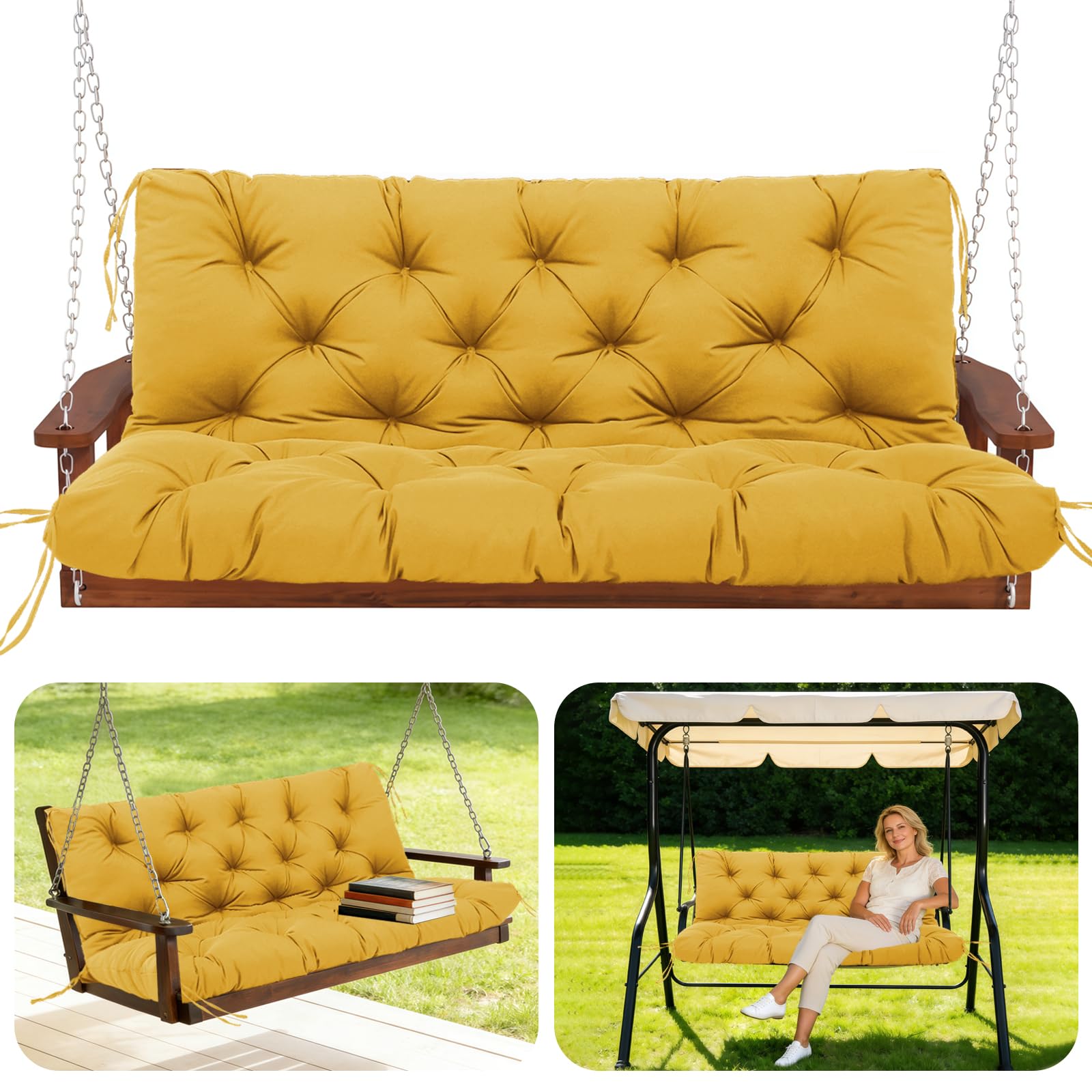 GHDM Garden Bench Cushion Thick 12cm Swing Cushions 2 Seater with Backrest and Tie 120cm Waterproof Swing Seat Cushions Replacement for Outdoor Furniture Patio Porch Lawn Backyard(Yellow)