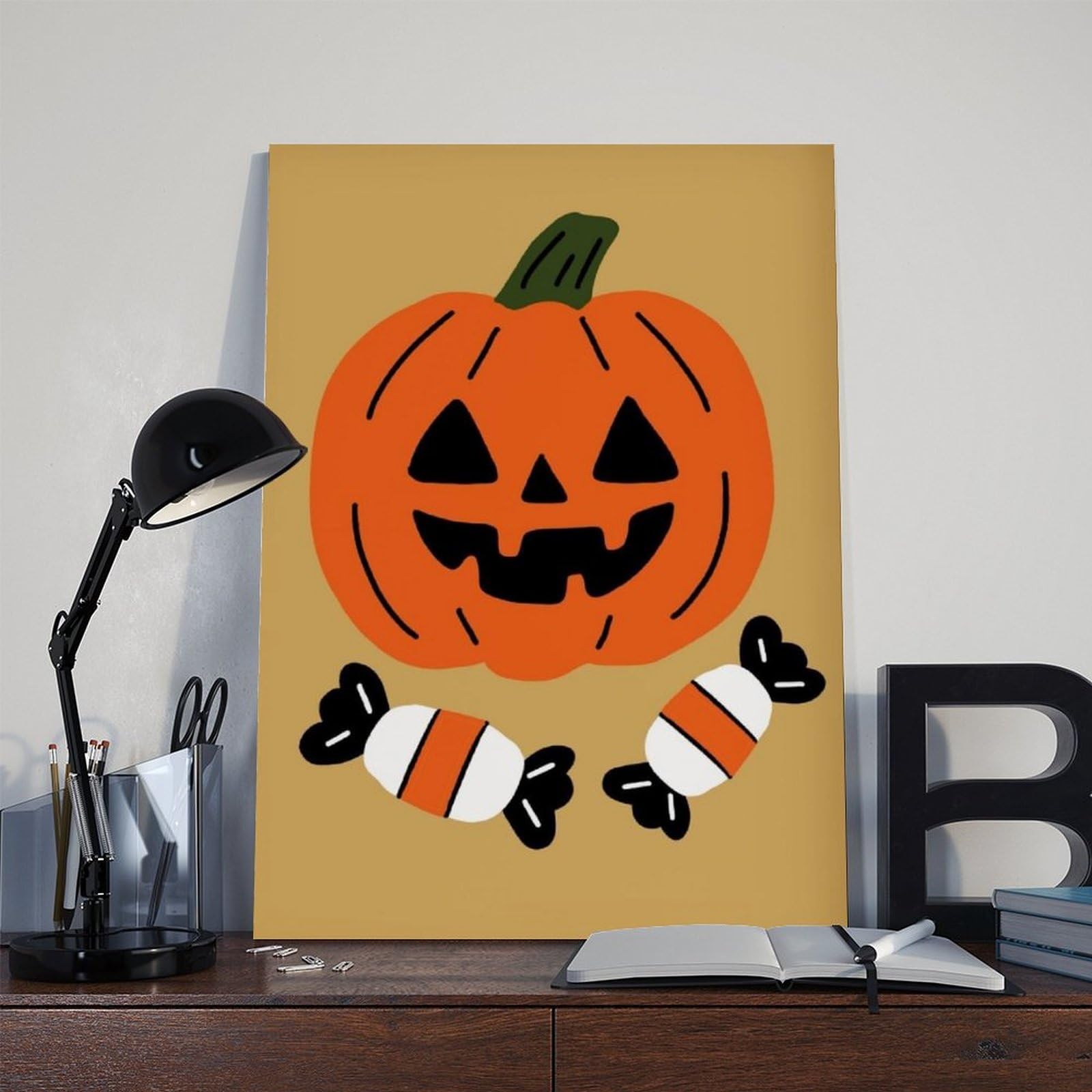 Lienzo minimalista con diseño de calabaza, caramelo, Halloween, Jack-o'-lantern y caramelos, dulce o truco, naranja, mostaza, arte de pared, pósteres e impresiones estéticas para habitación