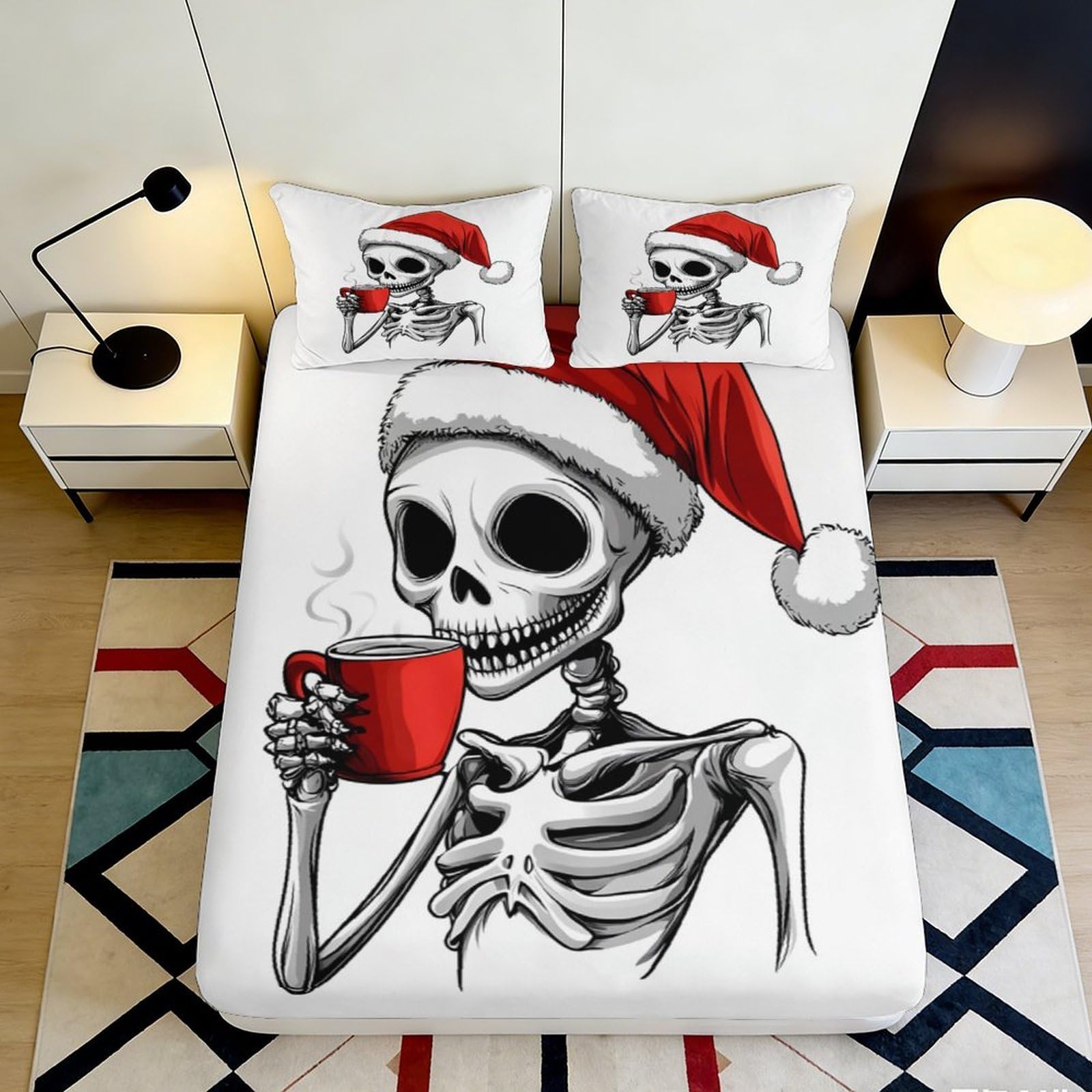3D Printed Christmas Skeleton Fitted Sheet Soft Microfiber Deep Pocket Bedroom Bedding Skeleton Mattress Fitted Cover Washable 200x200x25cm 90x200x25cm
