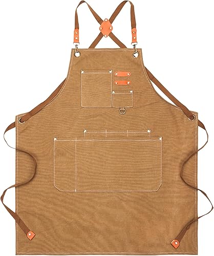 Miniatura 1 de GREBSTK Delantal de trabajo de lona Delantal de herramientas ajustable con espalda cruzada para carpintería, jardinería