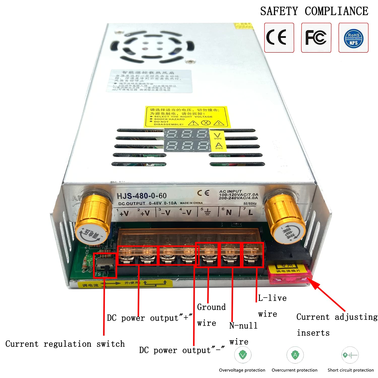Trasformatore AC-DC 0-60V 0-8A480W Tensione e corrente regolabili Con display digitale Alimentazione switching regolata in CC Per la regolazione della velocità del motore CC
