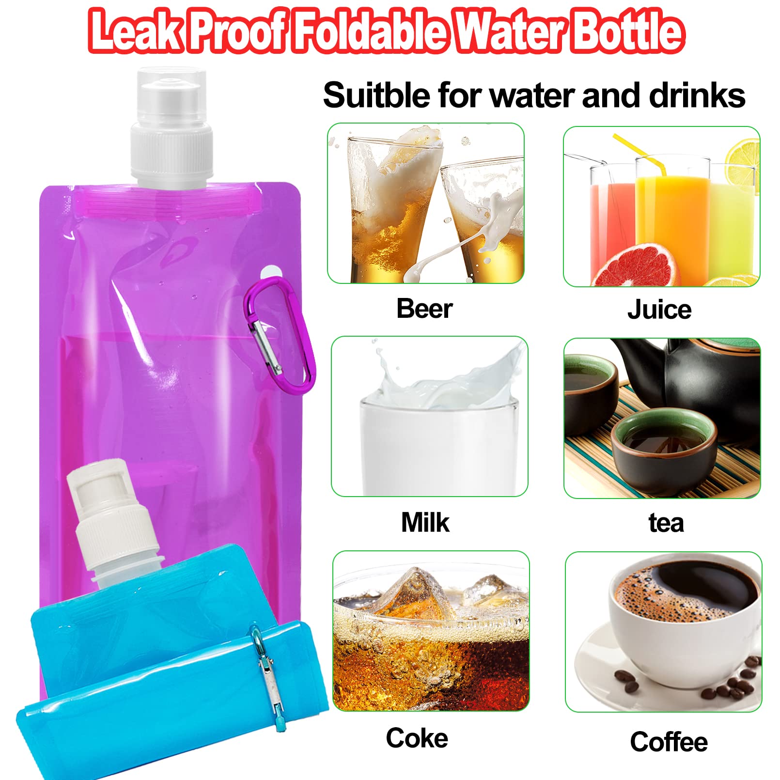 Faltbare Wasserflaschen, wiederverwendbare Trinkwasserbeutel mit Karabiner-Clip, 480 ml, auslaufsichere Wasserflaschen für Camping, Wandern, Reisen, Fitnessstudio, Sport, Radfahren, BPA-frei, 10