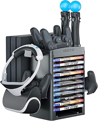 Skywin Charging Station Compatible with PS4 VR Headset - PSVR Charging Stand with Game Disc Rack Headset and Console Stand Cooling Fan Controller