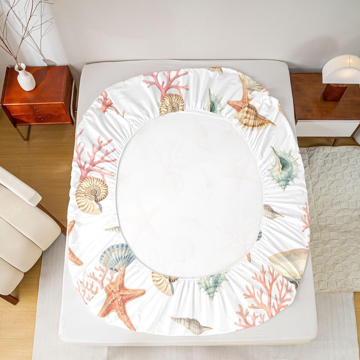 Homewish Coastal Beach prześcieradła podwójne oceaniczne stworzenia, prześcieradło z gumką, głęboka kieszeń, 40 cm, zestaw pościeli z muszlą, motyw koralowej rozgwiazdy, z 2 poszewkami na poduszki