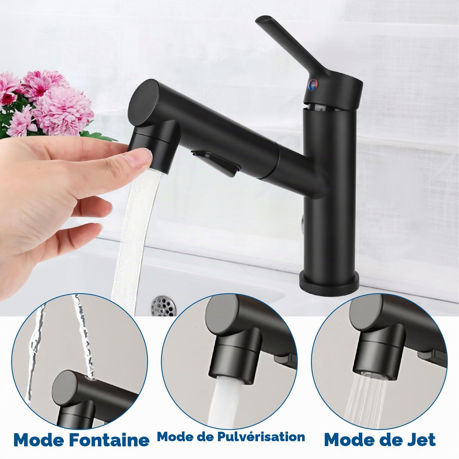 Robinet de salle de bain avec douchette extensible, haute pression, mitigeur monocommande avec 3 types de jet, mitigeur chaud et froid, robinet de lavabo pour salle de bain, noir