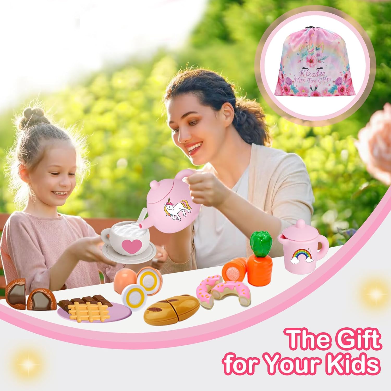 Silicone Tea Set, Silicone Tea Party Set, Food Grade Pretend Play Tea Party Accessories for Girls, Pink