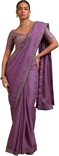 Soch Womens Lavender Chiffon Bandhani Print Saree