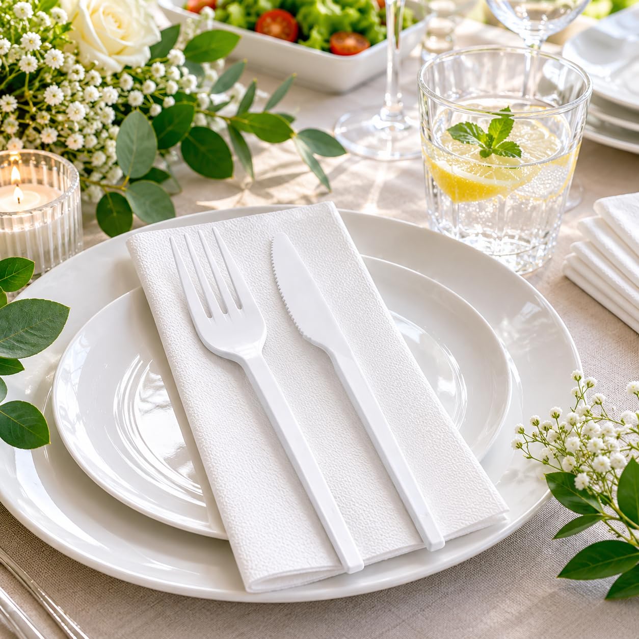 Kit Bis Posate Bianche Riutilizzabili, Forchetta e Coltello con Tovagliolo Monouso, Set Posate per Catering, Eventi, Ristoranti, Feste e Asporto 500 Pz