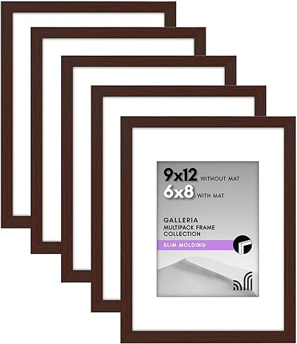 Americanflat Portarretratos de 9 x 12 pulgadas, color caoba, juego de 5 portarretratos de 6 x 8 pulgadas con paspartú o marco de 9 x 12 pulgadas sin