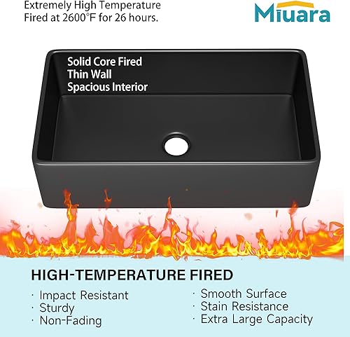 Miniatura 3 de Miuara Fregadero negro de granja de 36 x 20 pulgadas, delantal de arcilla refractaria, fregadero de cocina de montaje inferior, fregadero de cocina