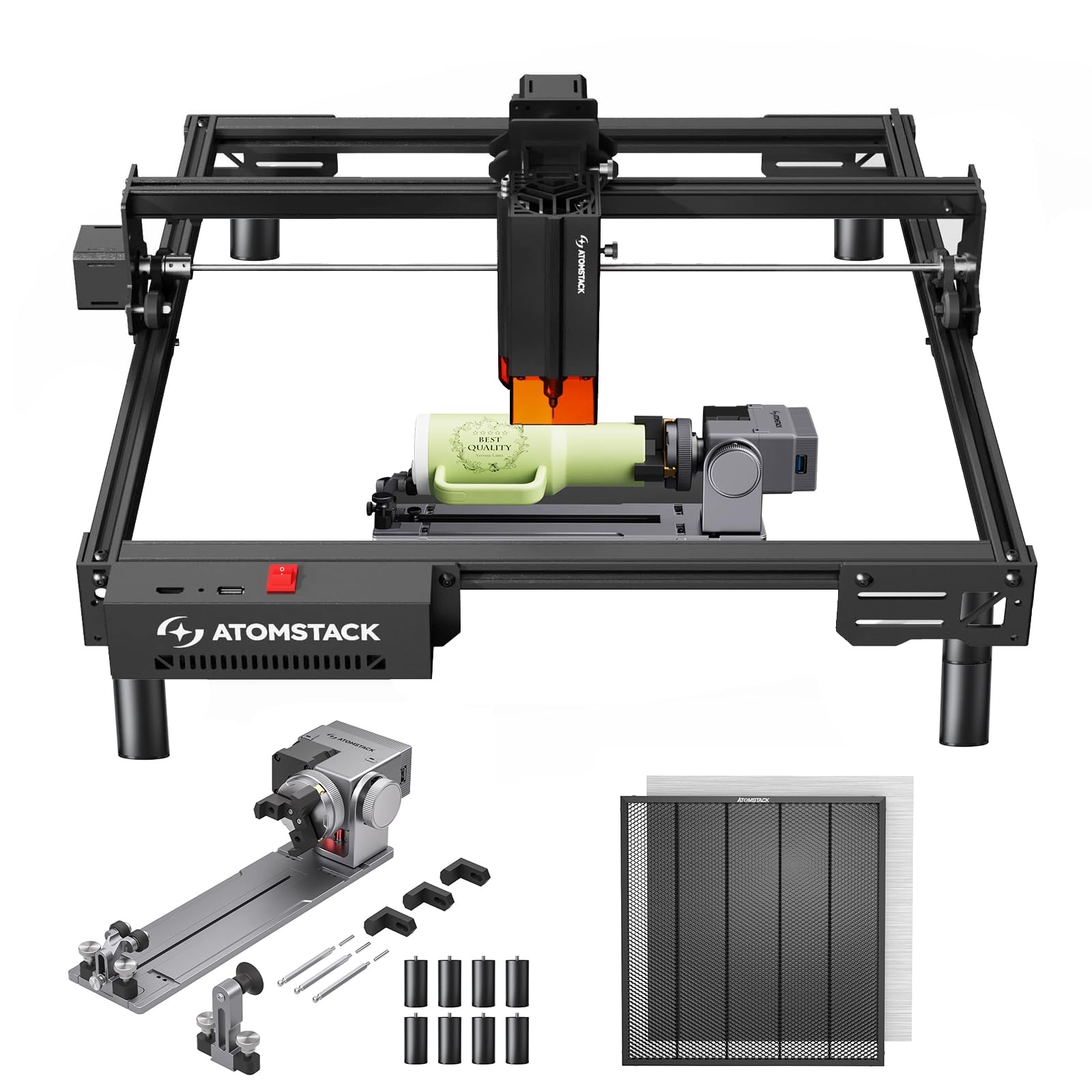 ATOMSTACK A20 Pro V2 20W Ausgangsleistung Laserschneider Lasergravierer mit R8 Rotationsfutter und F4 Waben Laserbett, APP Gravur, Compressed Spot Laser Graviermaschine für Holz Metall Acryl