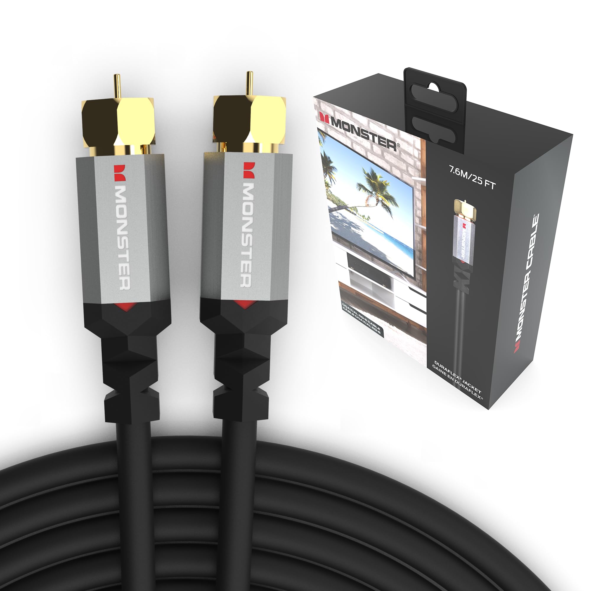 Monster Essentials RG-6 Coax Cable with Gold-Plated F-Pin Coaxial Cable Connector - High Speed Internet with Duraflex Jacket and Metal Shielding, 25ft