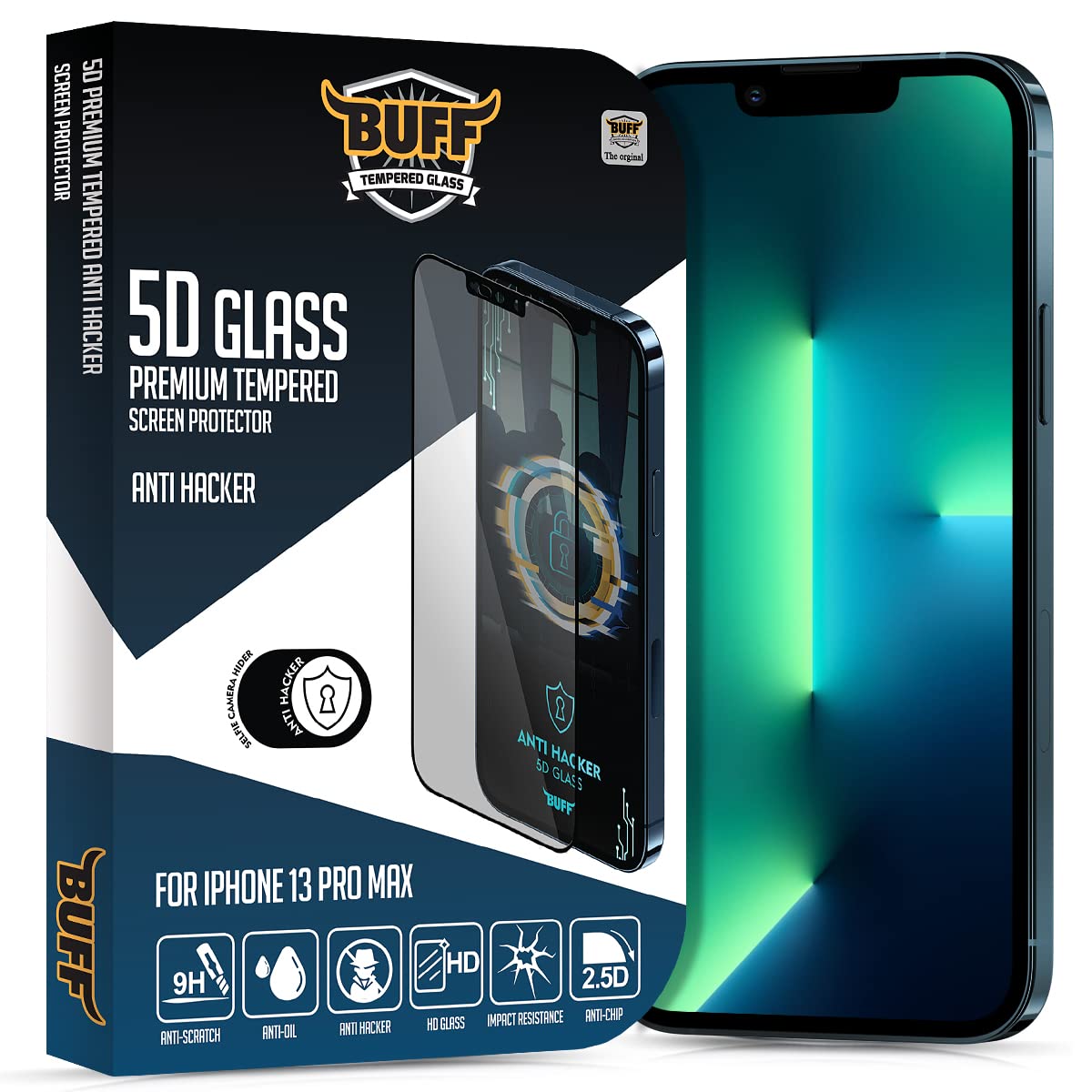 BUFF LABS iPhone 5D Glass Anti Hacker Casus Önleyici Selfie Kamera Gizleyici Ekran Koruyucu (iPhone 13 Pro Max)