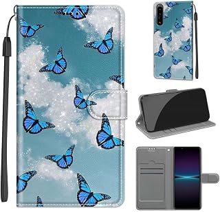 Domintell for Sony Xperia 1 IV Wallet Case Blue Butterfly,Sony Xperia 1 IV Painted PU Leather Cover Card Slots Magnetic Stand Flip Case with Wrist Starp