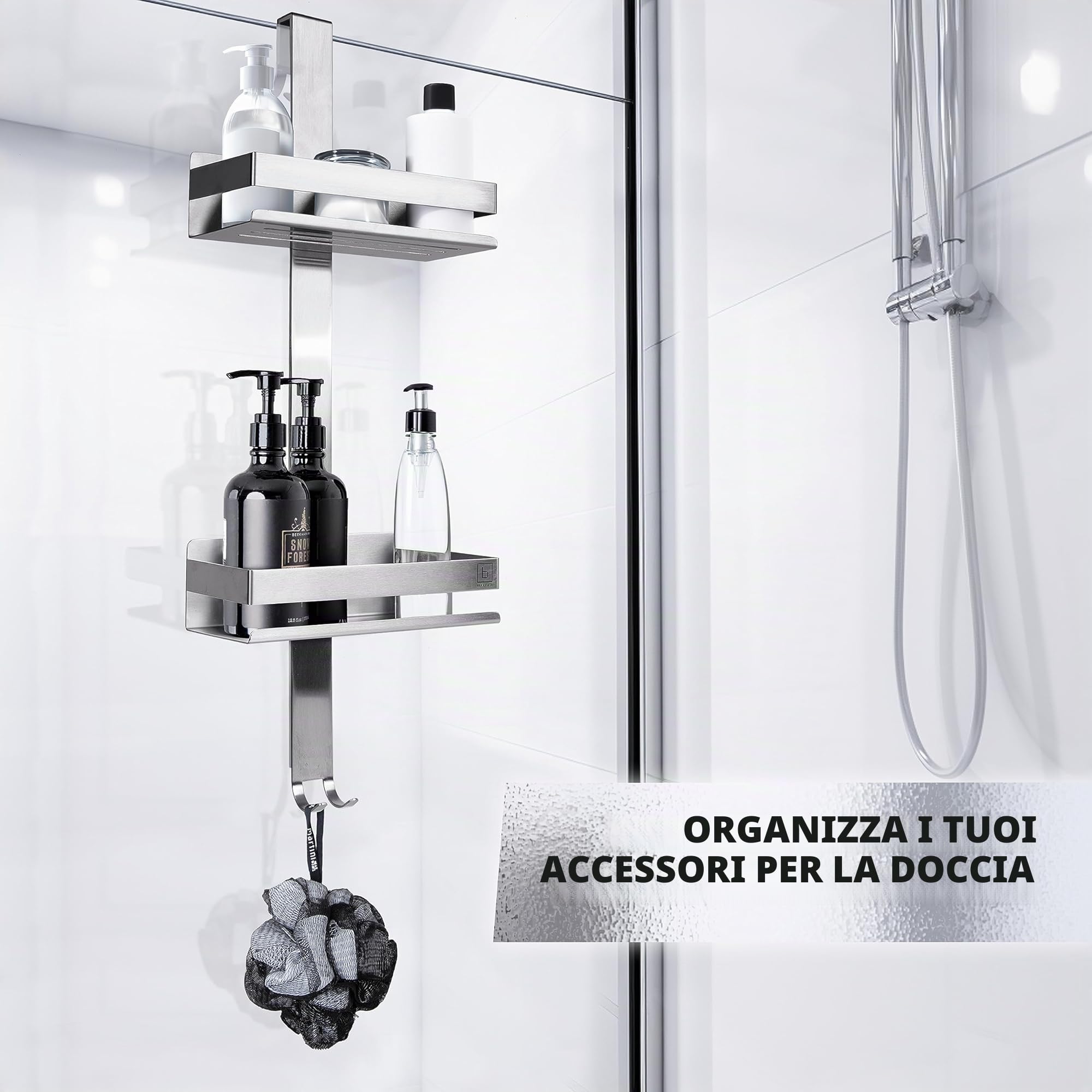 BENKSTEIN Mensola per doccia da appendere, in argento, con 2 cesti per doccia, da appendere, salvaspazio, cestino da doccia, in acciaio inox, supporto per shampoo per doccia