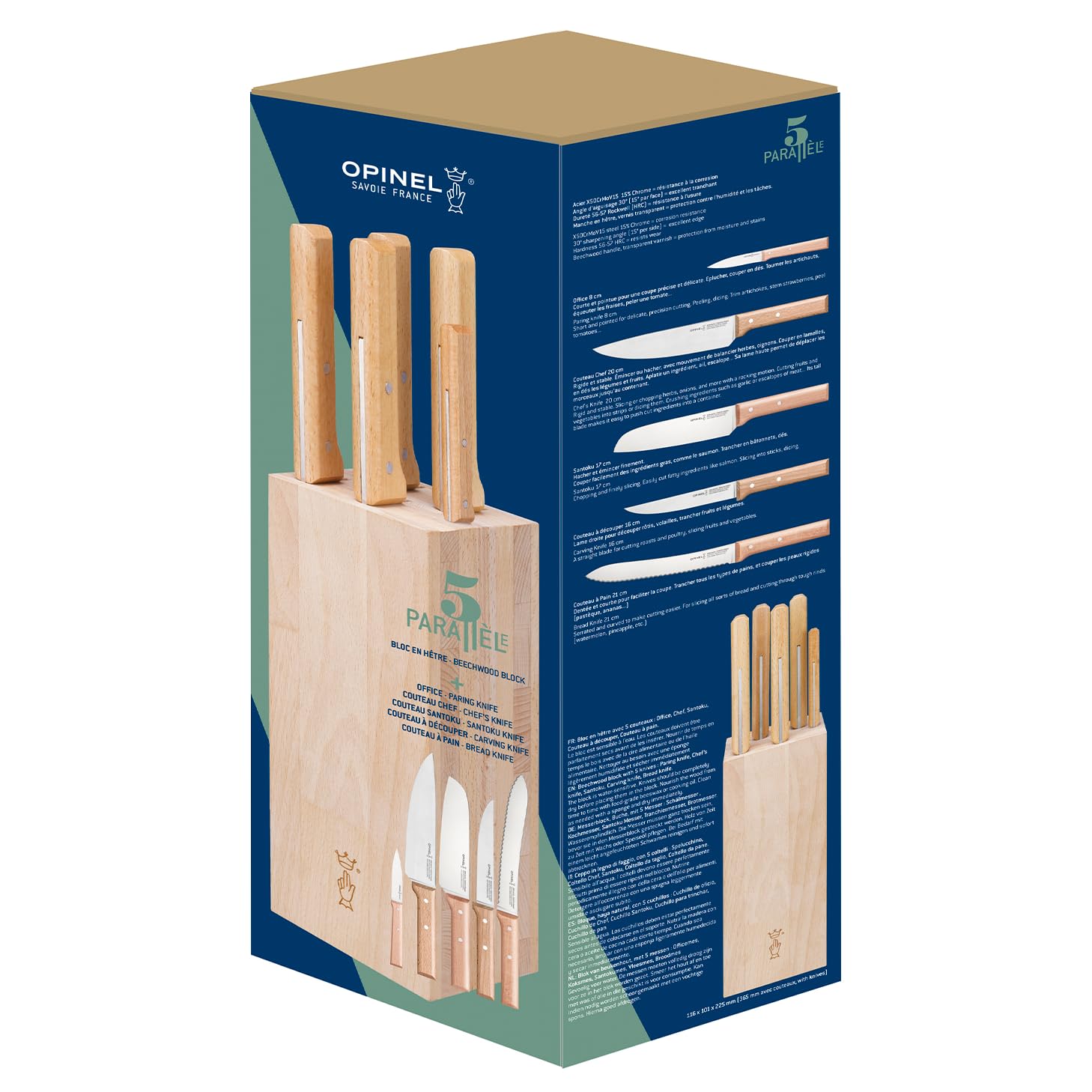 Opinel Parallele 5 Piece Kitchen Knife Set with Knife Block Stainless High Carbon Steel Blades Beech Wood Handles