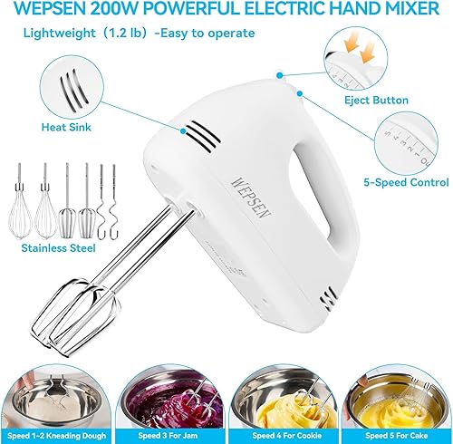 Miniatura 3 de Batidora de Mano Eléctrica Juego de Tazones de Mezcla, Batidora Manual de 5 Velocidades con 4 Tazones de Mezcla de Acero Inoxidable Anidables, Tazas