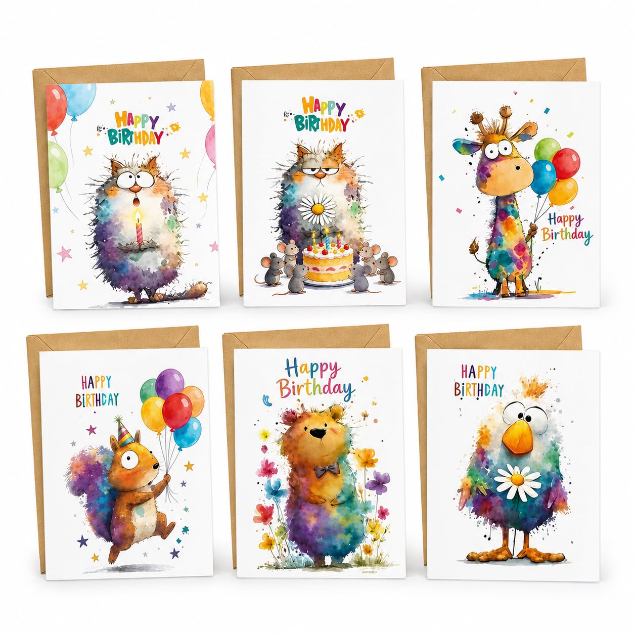 Birthday Card Set, 12 pcs Total, Watercolor-Style Animal Designs, Paper