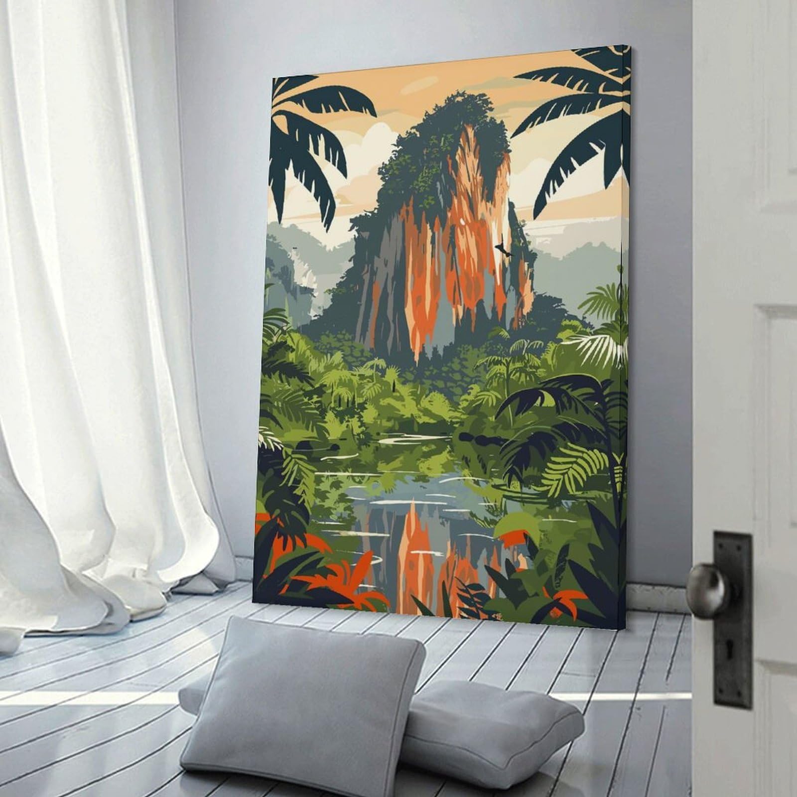 Junmoney Tropical Jungle Landscape with Mountain Wall Picture Print 20x30inch(50x75cm), for Corridors, Hallways Or Apartment Entries, Decorative Canvas Styling for Entry Areas