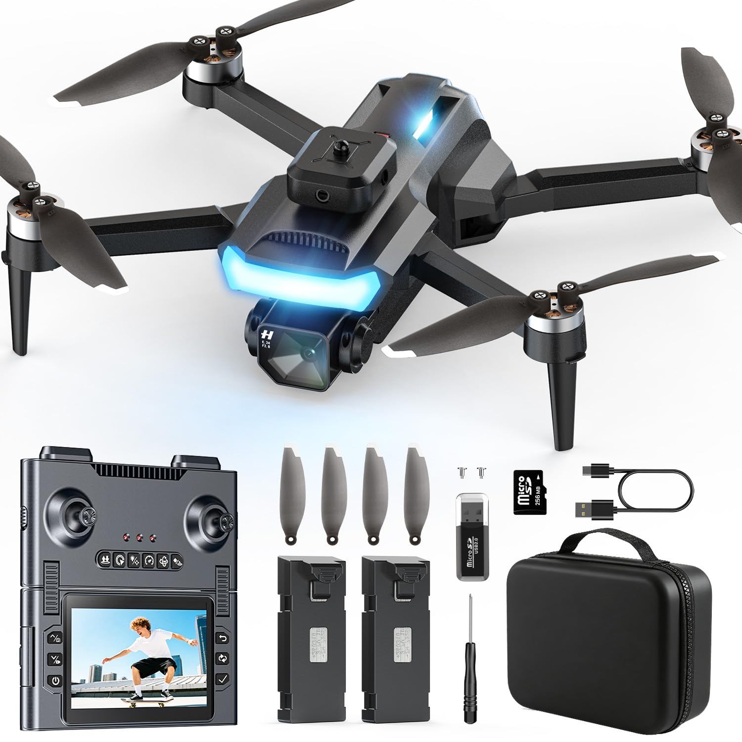 Foldable Drone with 1080P Camera for Adults, RC Quadcopter with 4.3″ HD Screen Controller, Brushless Motor, Obstacle Avoidance, Optical Flow, 2 Batteries, Gift for Beginners