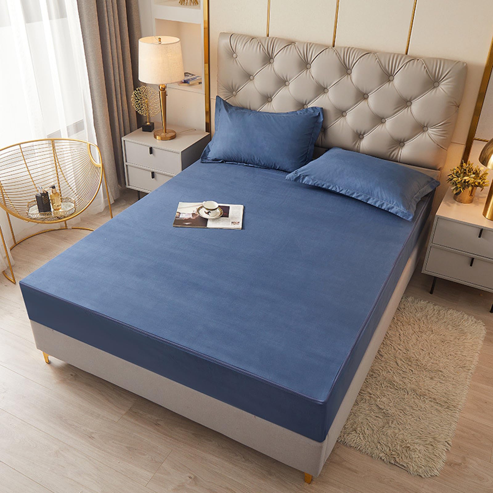 Protège-matelas imperméable à fermeture éclair 150 x 200 cm Bleu foncé 15 cm de profondeur Housse anti-punaises de lit