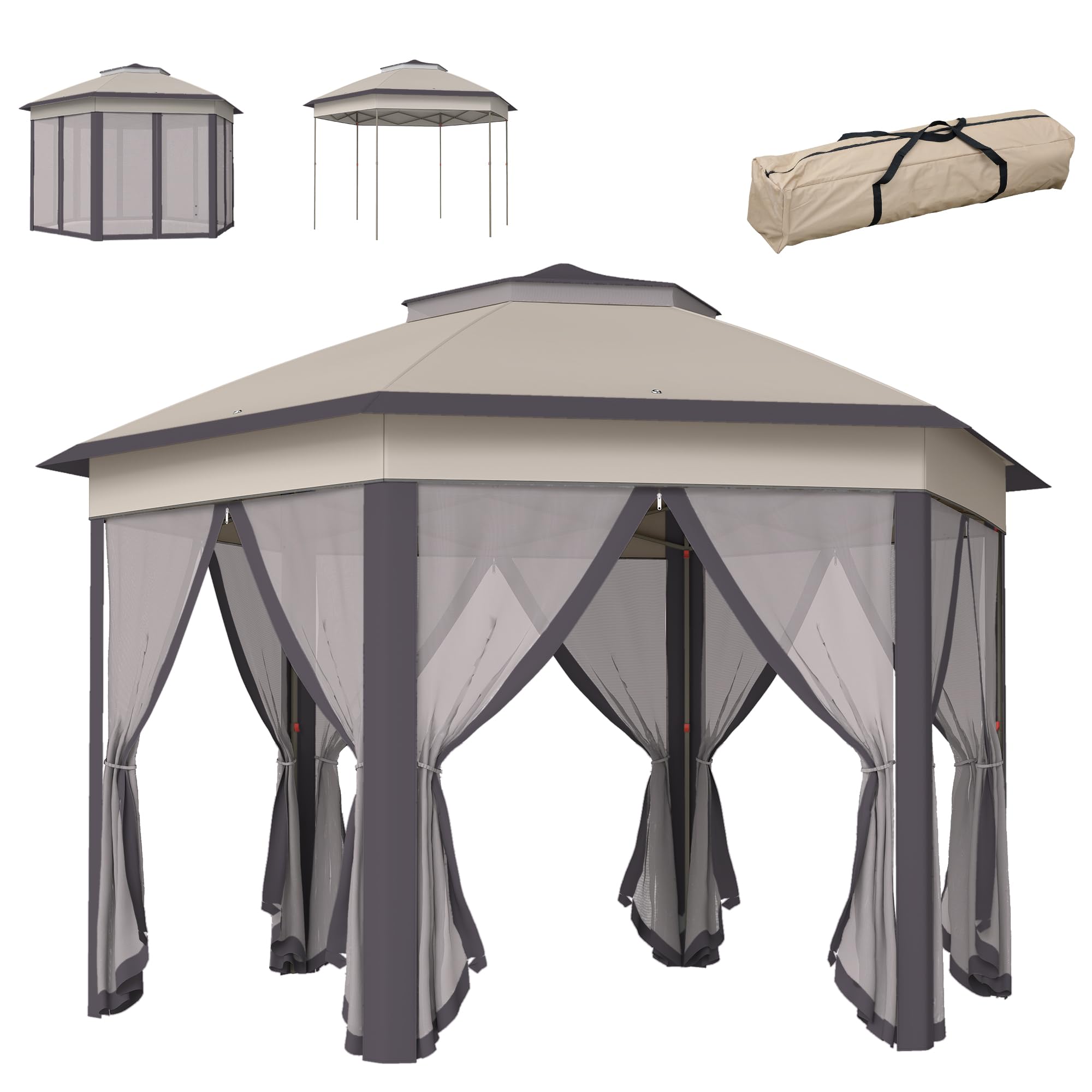 Outsunny 3 x 4m Garden Gazebo Hexagon Pop Up Gazebo Party Tent Canopy Double Roof Instant Shelter with Netting and Carry Bag for Outdoor Patio, Beige