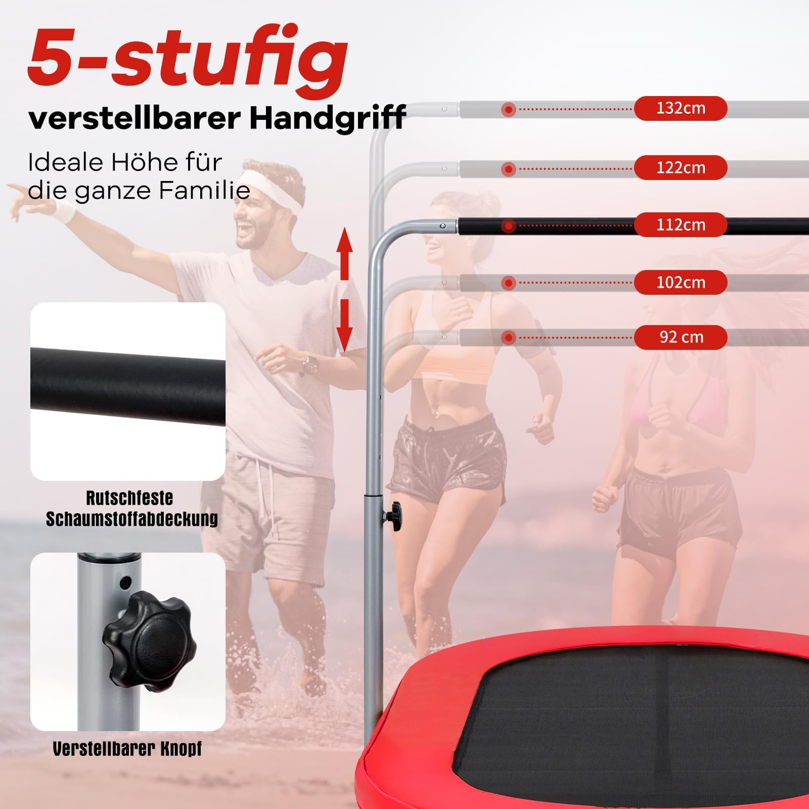 COSTWAY 2 Personen Trampolin, Mini Trampolin mit höhenverstellbarm Haltegriff, bis 150kg belastbar, Kindertrampolin klappbar, Gartentrampolin für Kinder, Erwachsene