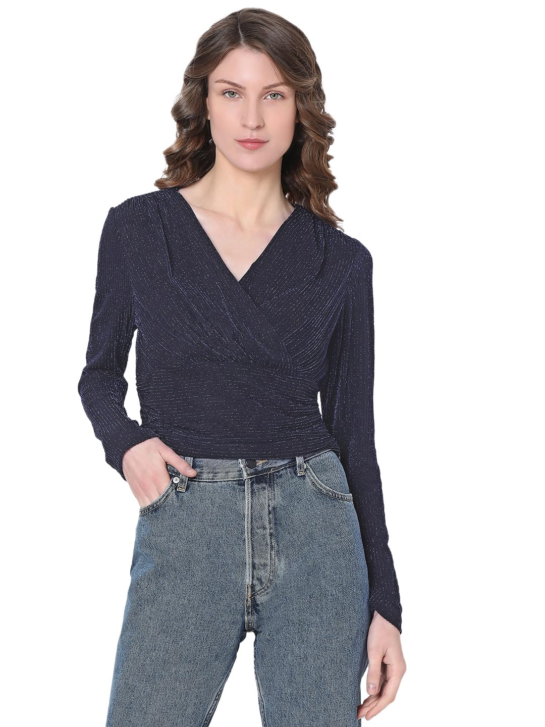 Flying Machine Women's Surplice Neckline Blue Shimmer Top | Crop Top for Women in blue