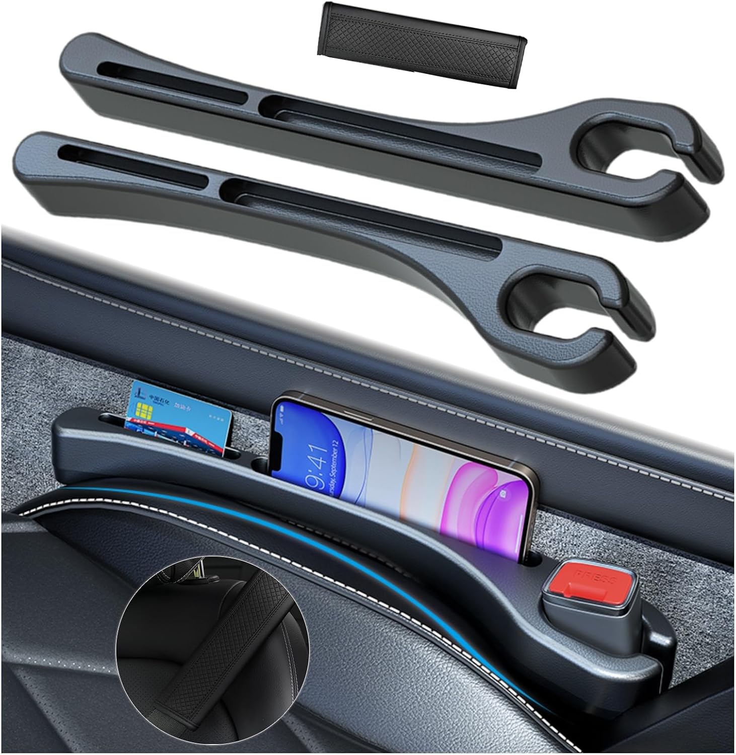 New!Car Seat Gap Filler 2 Pack with Seat Belt Holes and Seat Belt Pads, Auto Crevice Blockers Fill Gap Plug in Between Seat and Console, Universal for Most Cars Trucks SUVs to Stop Dropping,Black