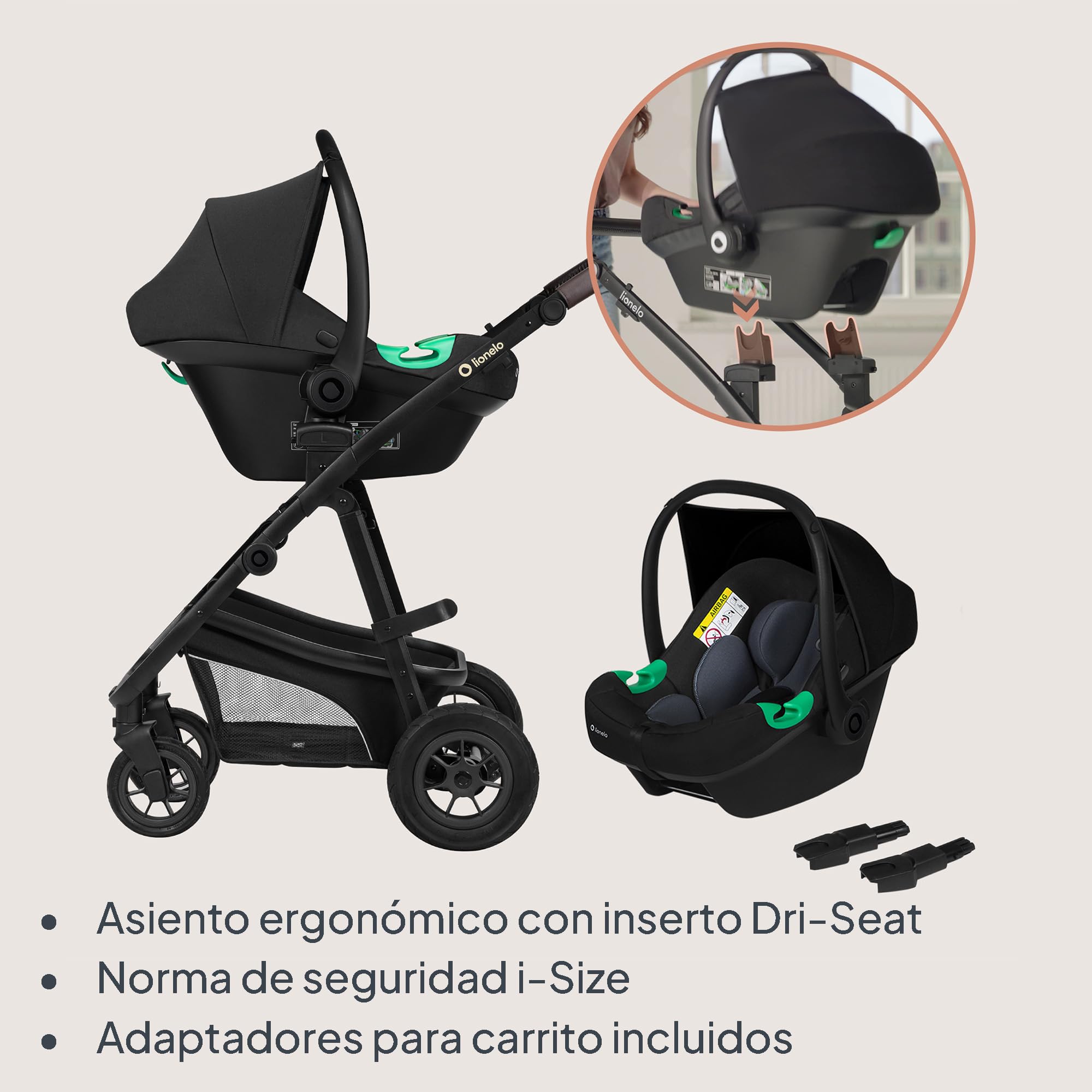 LIONELO BIANKA Cochecito de Bebé 3 en 1 (22 kg) Portabebés (9 kg) Silla de Coche (13 kg), Plegable, Sistema de Viaje Respaldo Ajustable Ruedas 360o Amortiguación, Capota XXL, Carrito de Bebe