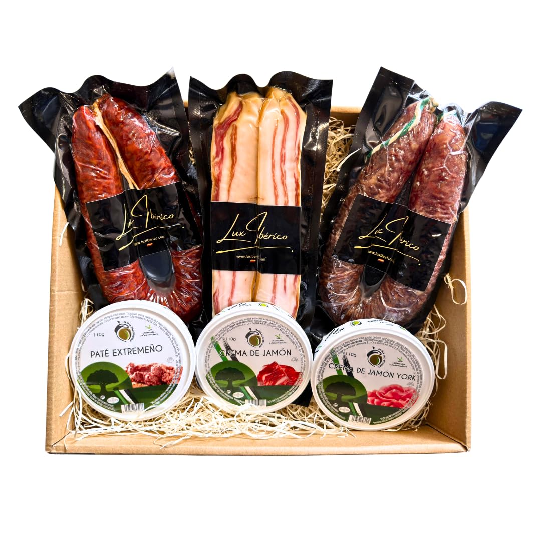 Lux Ibérico Lote Platon - Patés Extremeños, Panceta y Embutido | Chorizo y salchichón ibérico, panceta curada y tres patés extremeños para untar. Aperitivo completo listo para regalar.