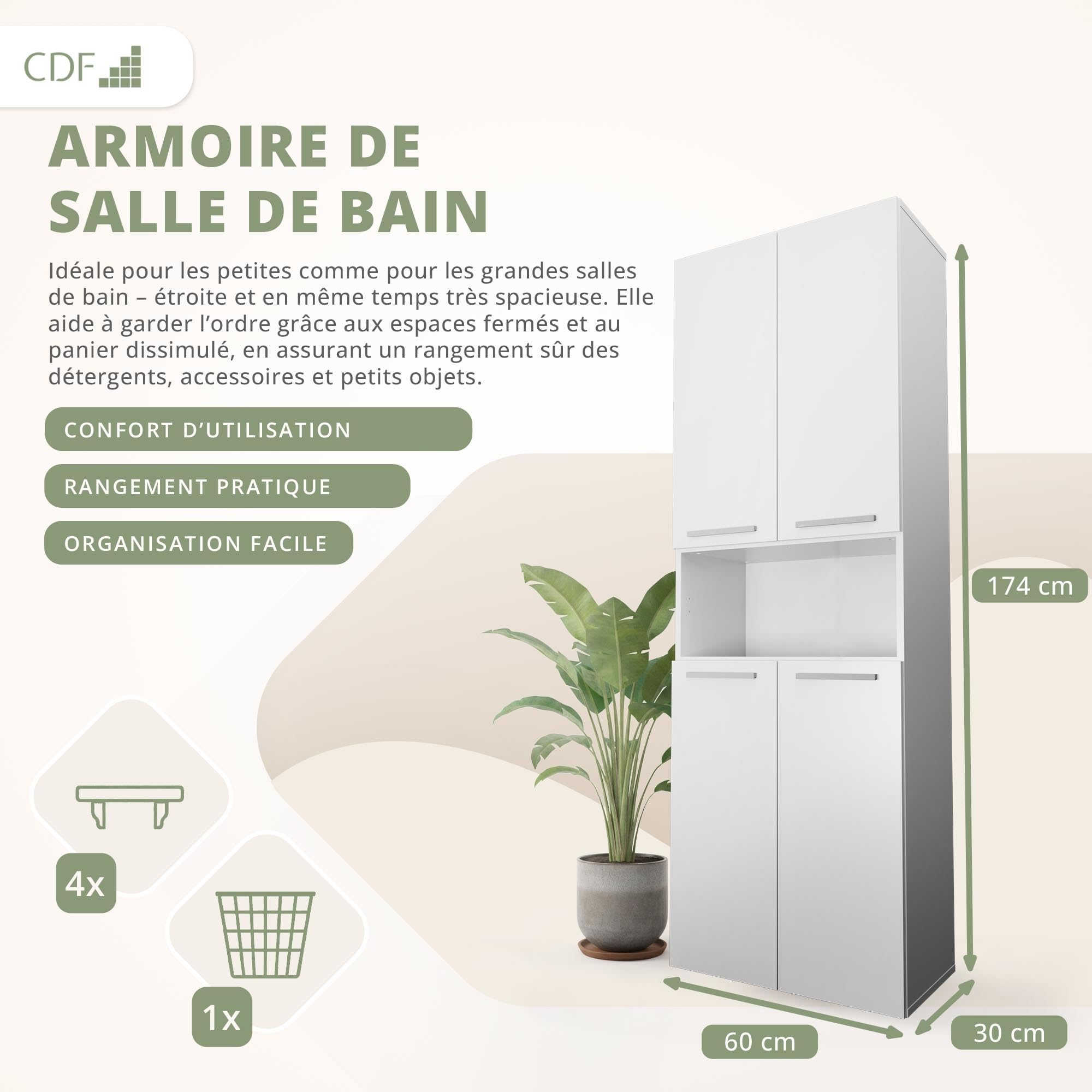 CDF Armoire Haute Salle de Bain Meuble Colonne de Salle de Bain Armoire de Rangement à 4 Portes avec Etagère Réglable pour Salon Cuisine - 60x30x174 cm Blanc - 1 Panier à Linge