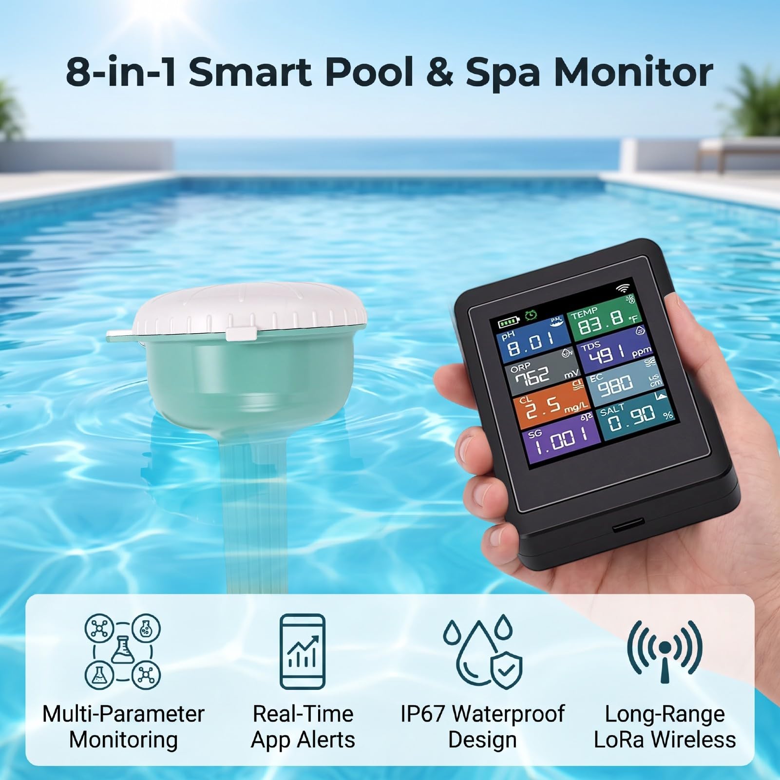 Probador Flotante IP67 del Control de la Aplicación | 8 Parámetros PH FAC ORP Salinidad TDS EC SG Temp, Rango de 300 M, Pantalla LCD, Batería de 5000 MAh
