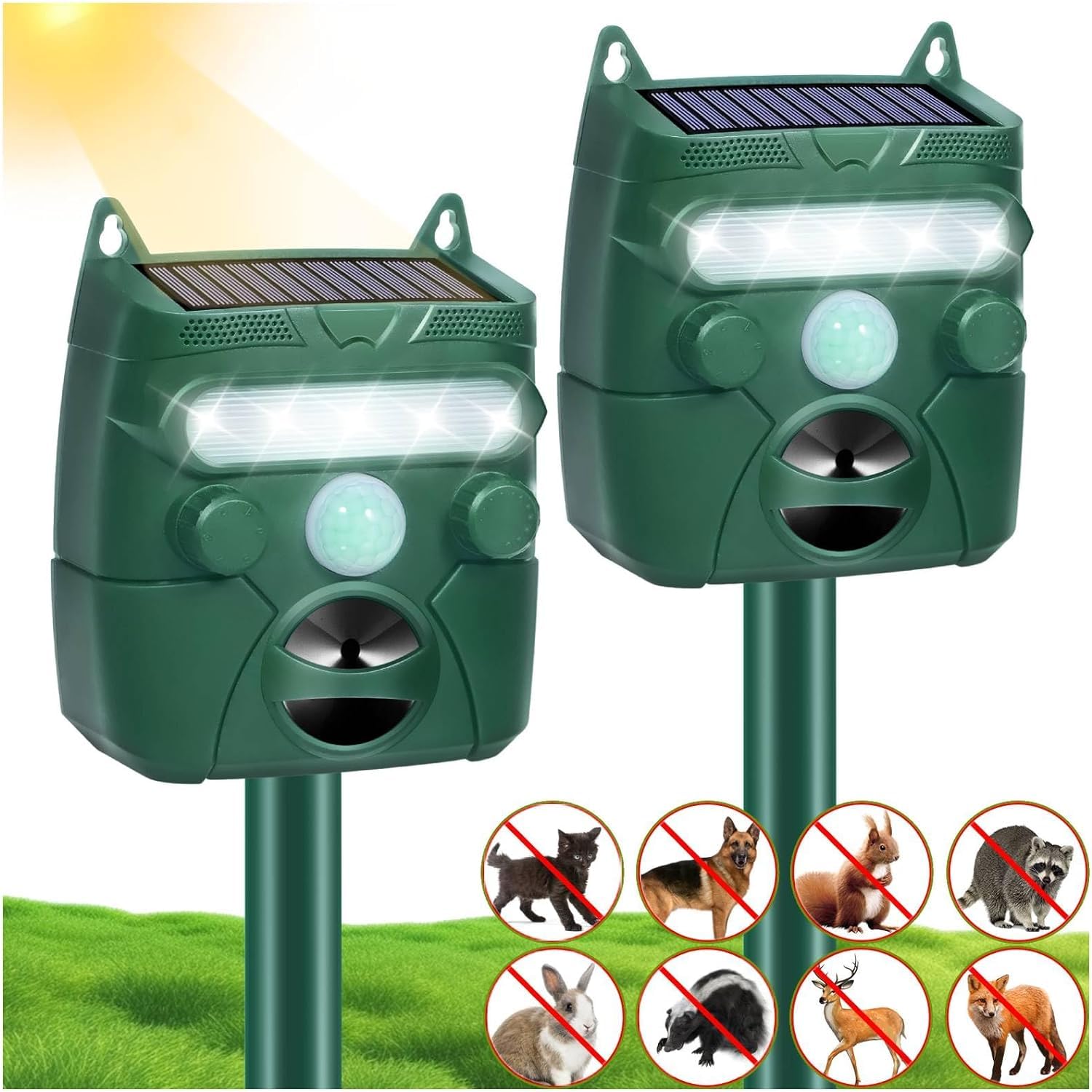 2 Pack Solar Ultrasonic Animal Repellent 2024 Newest Deer Repellent Devices with Motion Sensor to Scare Away Cat Squirrel Dog Raccoon Skunk Deer Rabbit, Cat Deterrent Outdoor Skunk Repellent for Yard