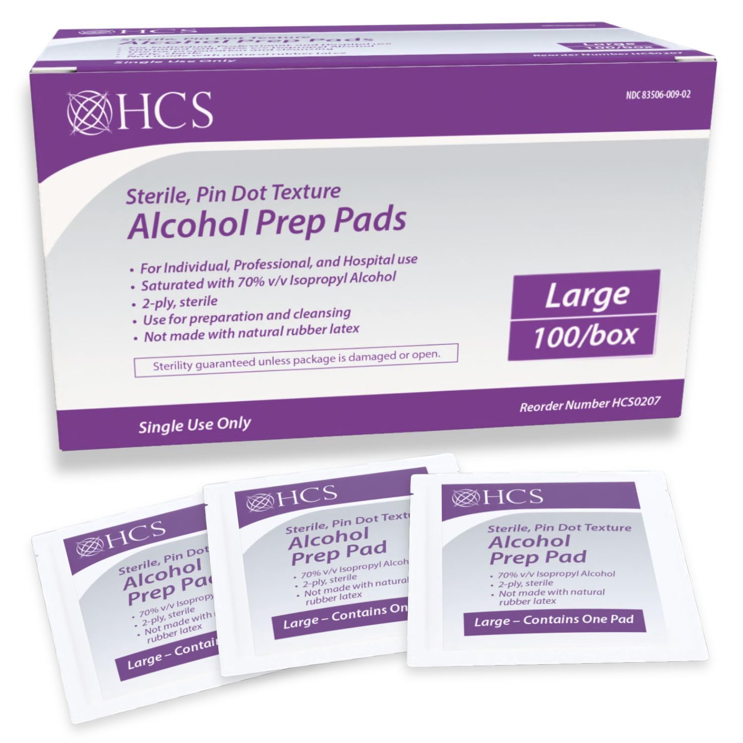 HCS Large Alcohol Prep Pads - Textured, 70% Isopropyl Alcohol Wipes, Individually Wrapped - 2 ply Sterile Skin Prep Swabs for Injections, First Aid (