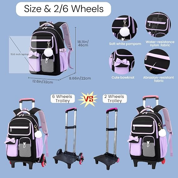 School Backpack with Wheels for Girls Wheeled Bookbags Kids Rolling Backpack for Girls Trolley School Bag, 2 Wheels Black-pink, 2 Wheels