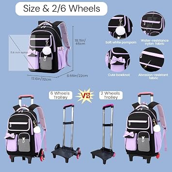 School Backpack with Wheels for Girls Wheeled Bookbags Kids Rolling Backpack for Girls Trolley School Bag, 2 Wheels Black-pink, 2 Wheels